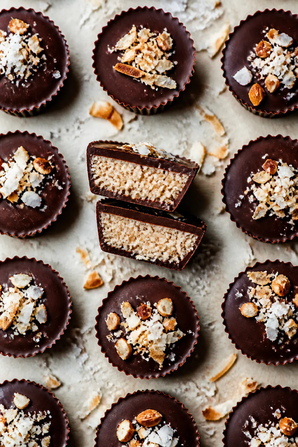 Tasty : finished Keto Chocolate Coconut Protein Cups, unwrapped, arranged in a loose grid on parchme
