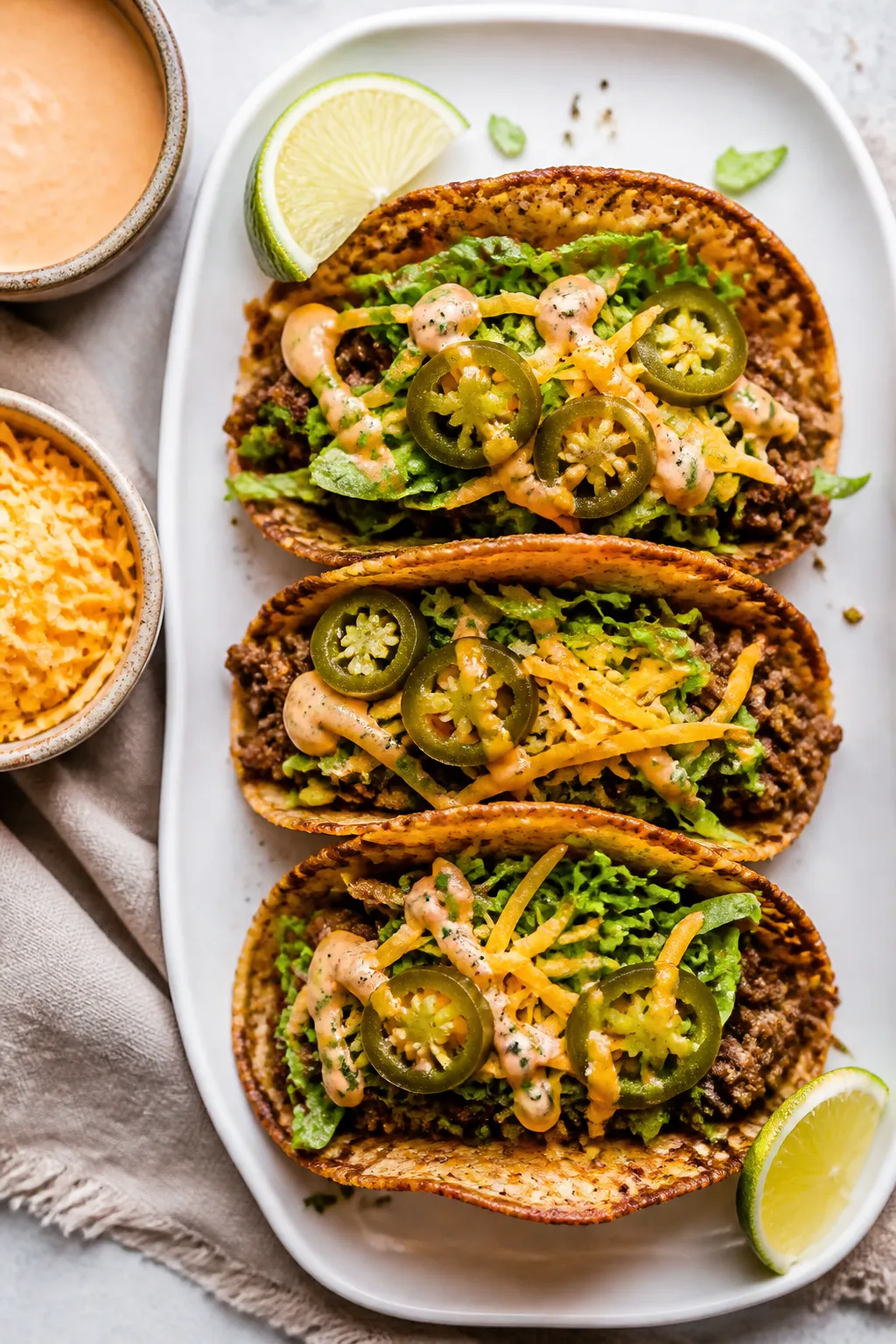 Tasty overhead view: Top-down spread of assembled tacos using oven-crisped almond-flour tortillas, t