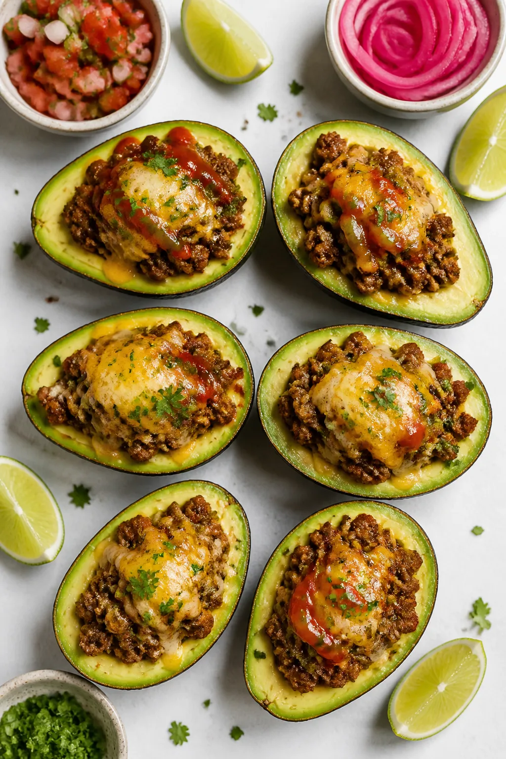 Tasty top-down serving scene: Overhead shot of a family-style spread of Keto Taco Stuffed Avocados, 