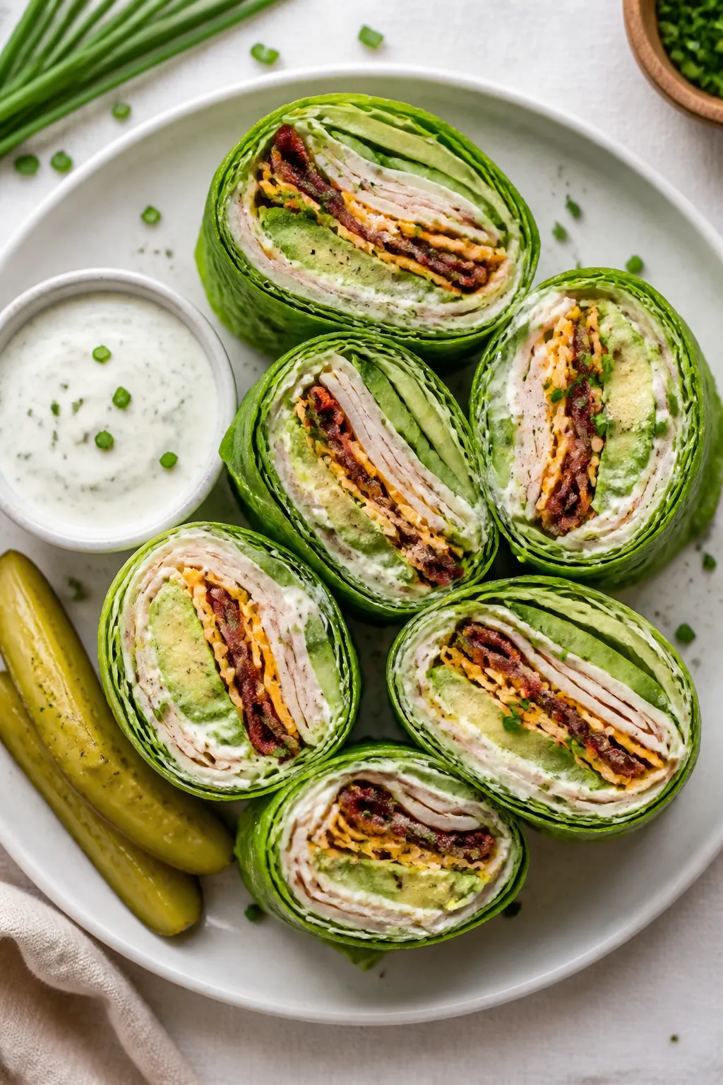 Tasty top view final dish: Overhead shot of Keto Turkey Bacon Ranch lettuce wraps (double-layered ro