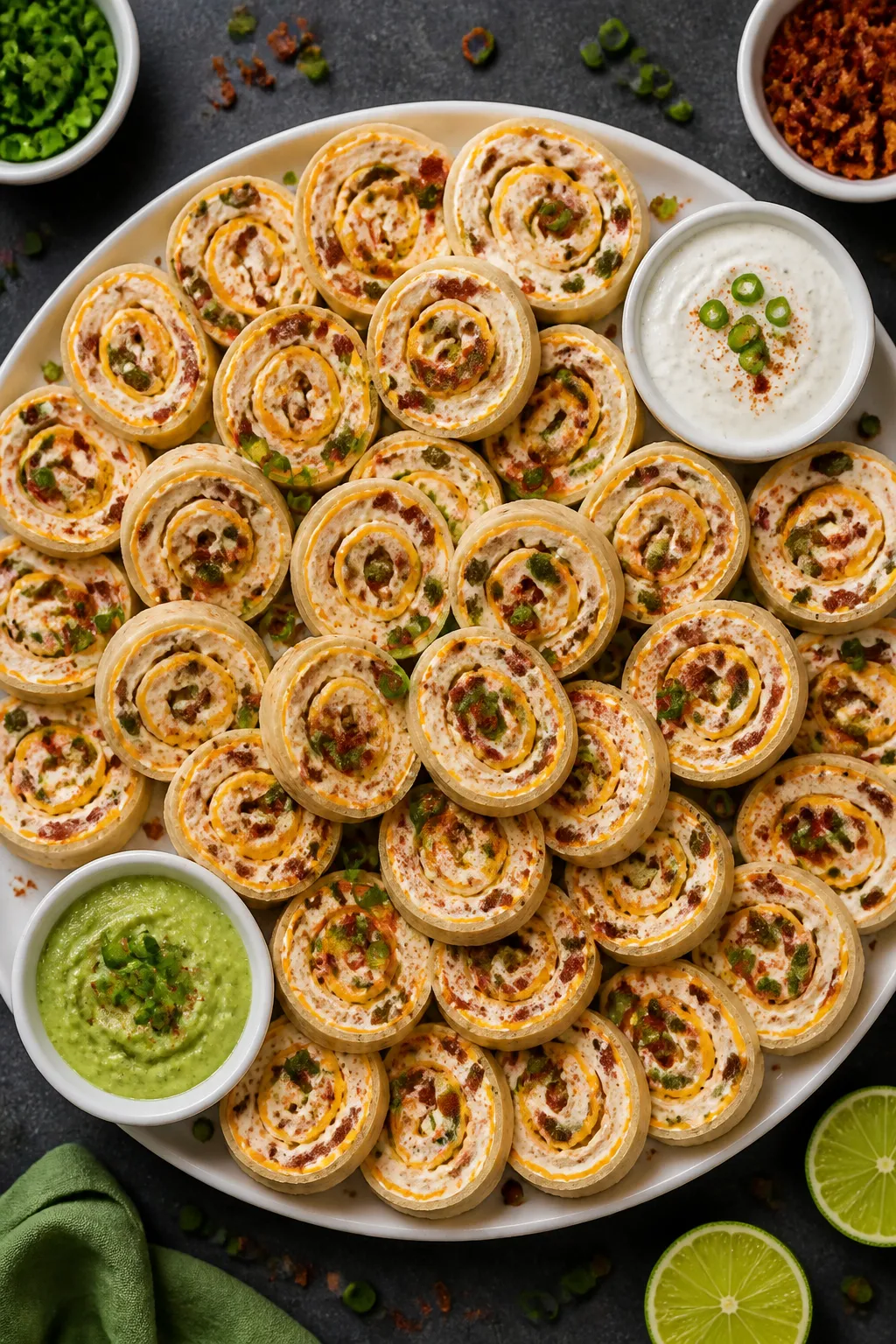 Tasty top view final presentation: Overhead shot of a party platter piled with neatly sliced 1-inch 