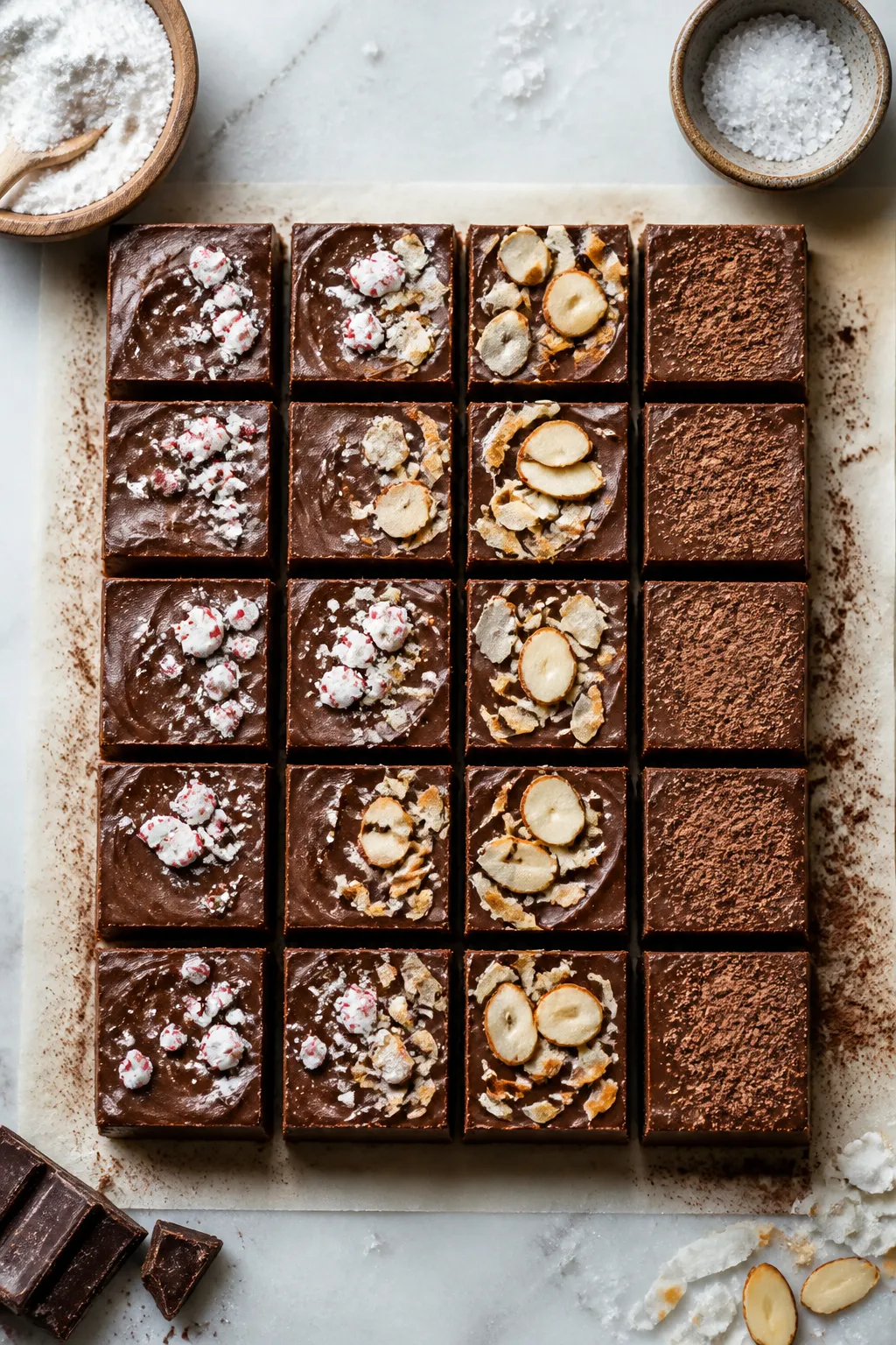 Tasty top view final presentation: Overhead shot of neatly cut keto fudge bites (16–20 small squar