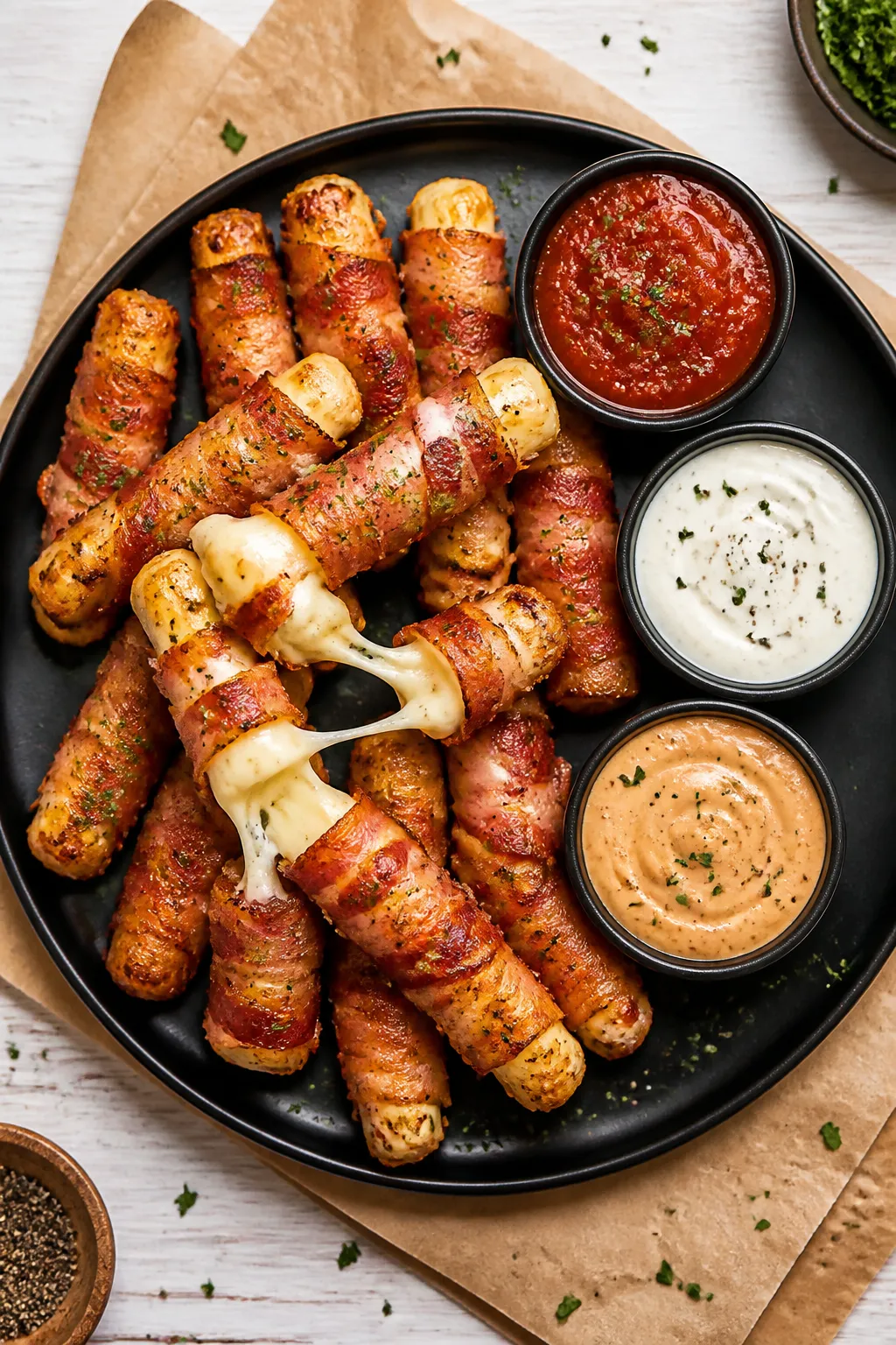 Tasty top view final presentation: Overhead shot of a platter of crispy bacon-wrapped cheese sticks 