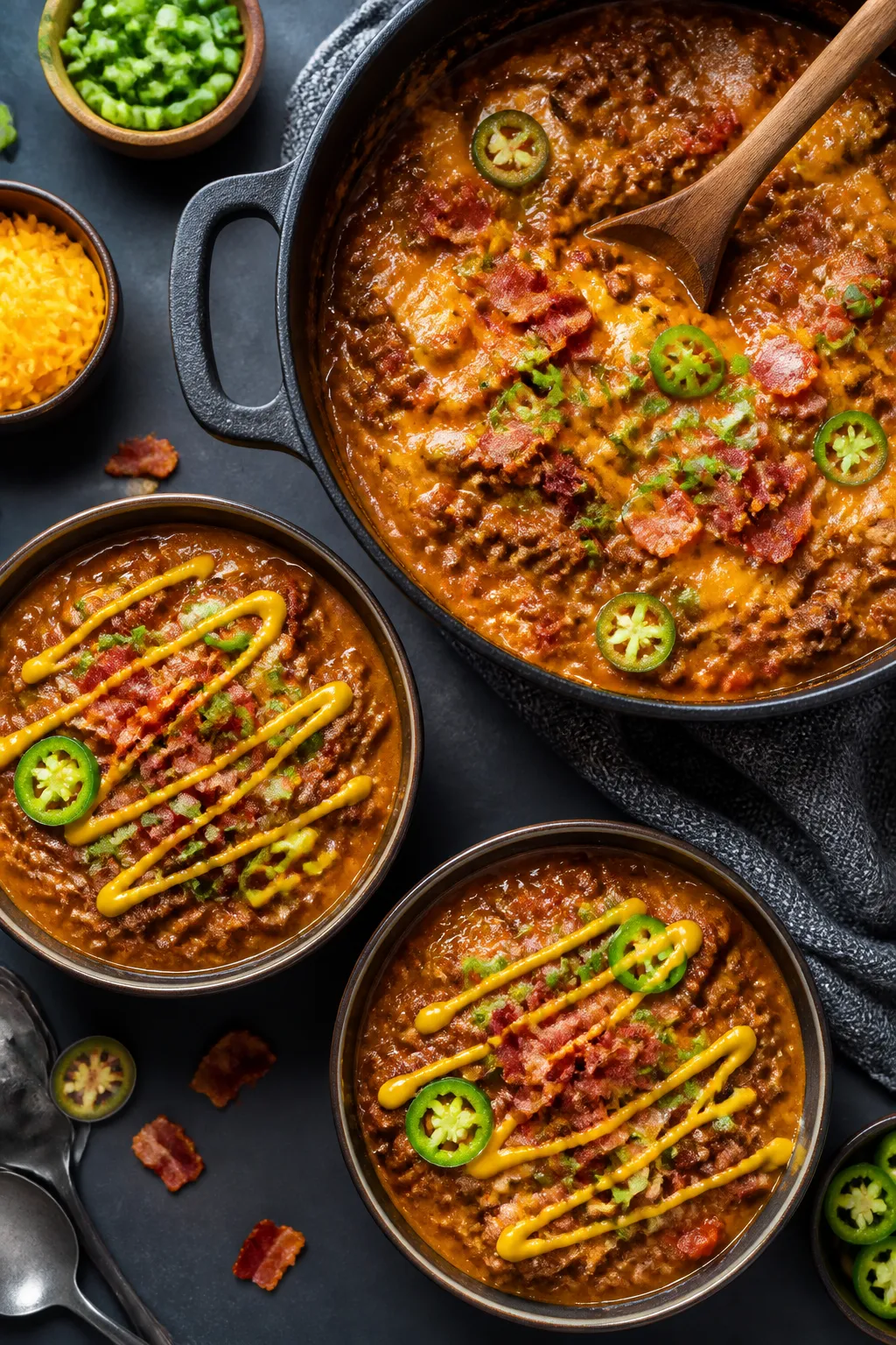 Tasty top view, meal-prep/serving vibe: Overhead shot of a family-style spread featuring the finishe