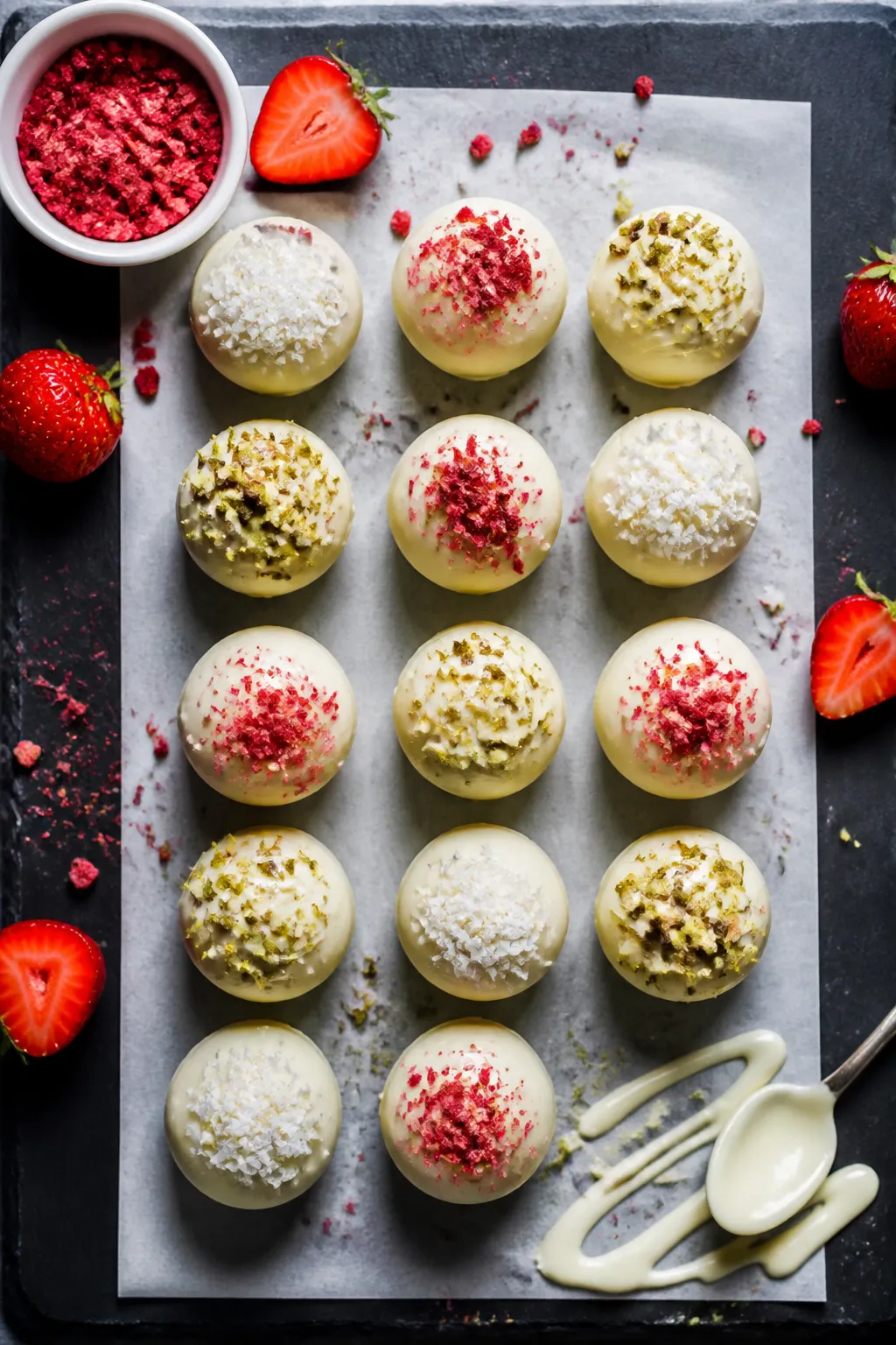 Tasty top view: Overhead shot of 12–16 finished keto strawberry protein truffles arranged in a nea