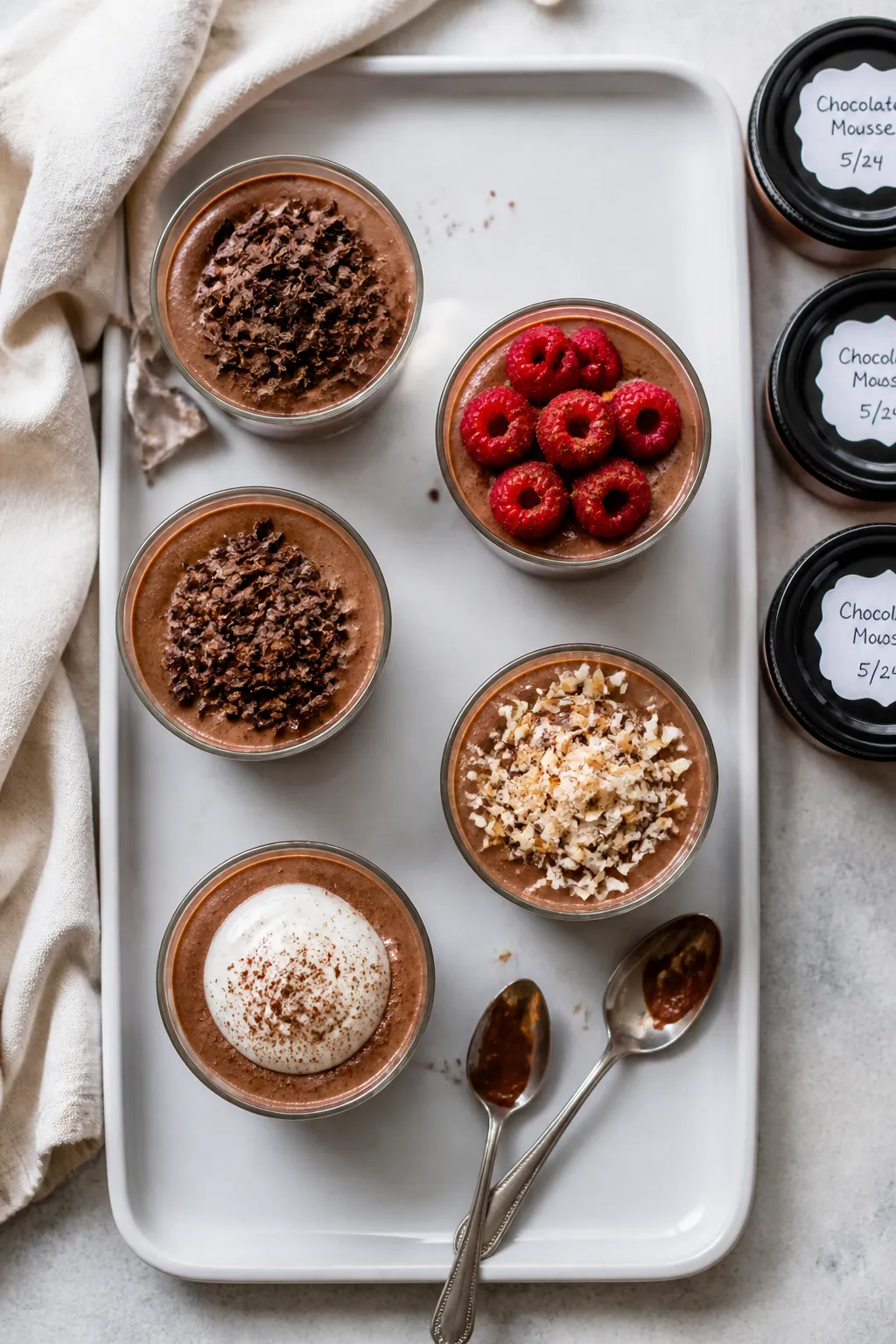 Tasty top view: Overhead shot of 4–6 chilled chocolate mousse cups arranged on a matte white tray,