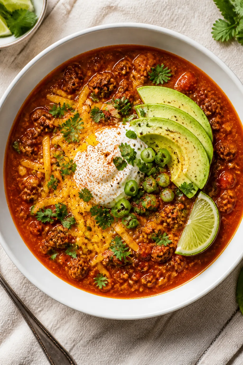 Tasty top view: Overhead shot of a bowl of finished keto pumpkin chili, richly orange-red and velvet