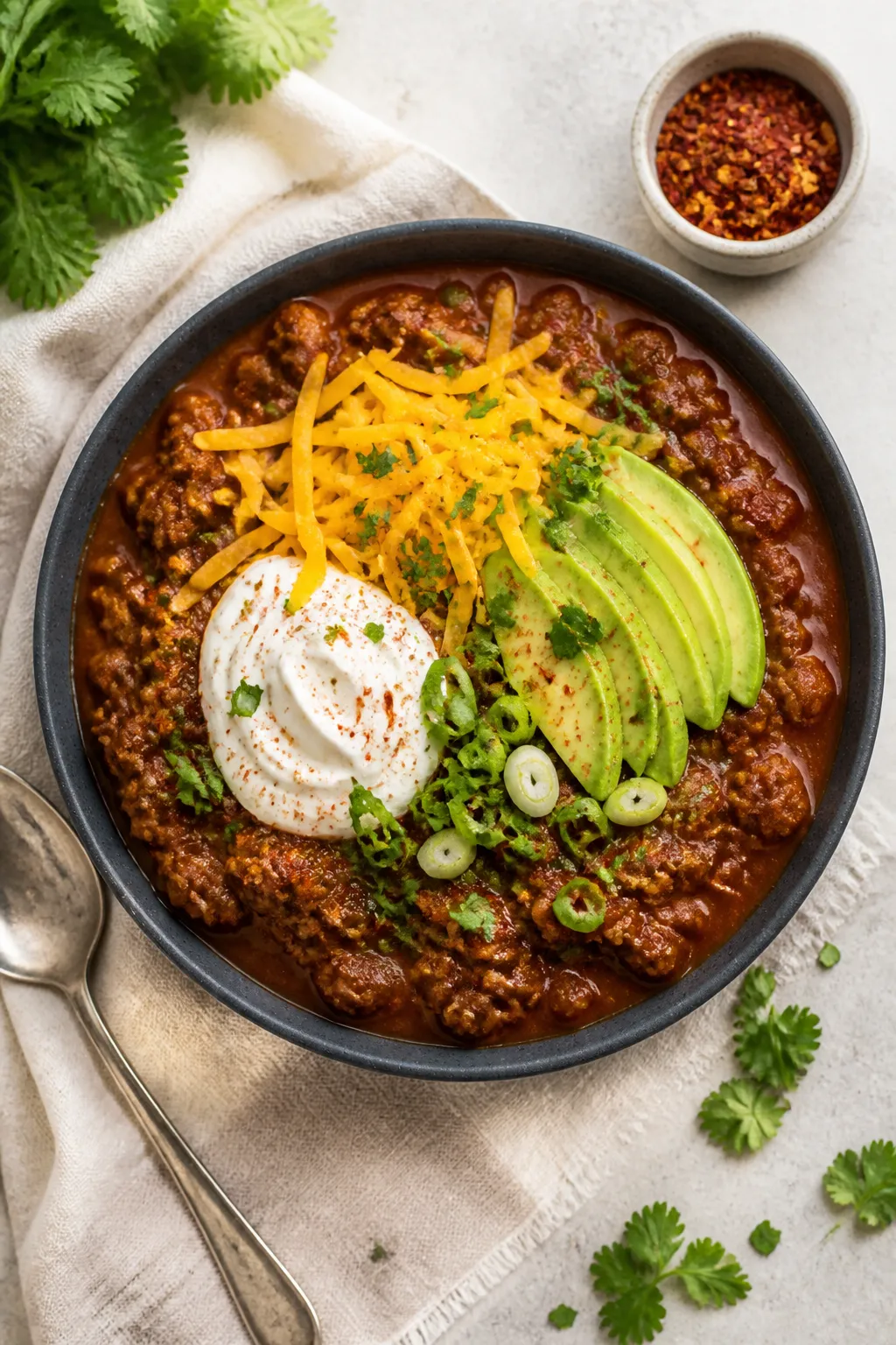 Tasty top view: Overhead shot of a bowl of finished Keto Instant Pot Chili, thick and meaty with a d