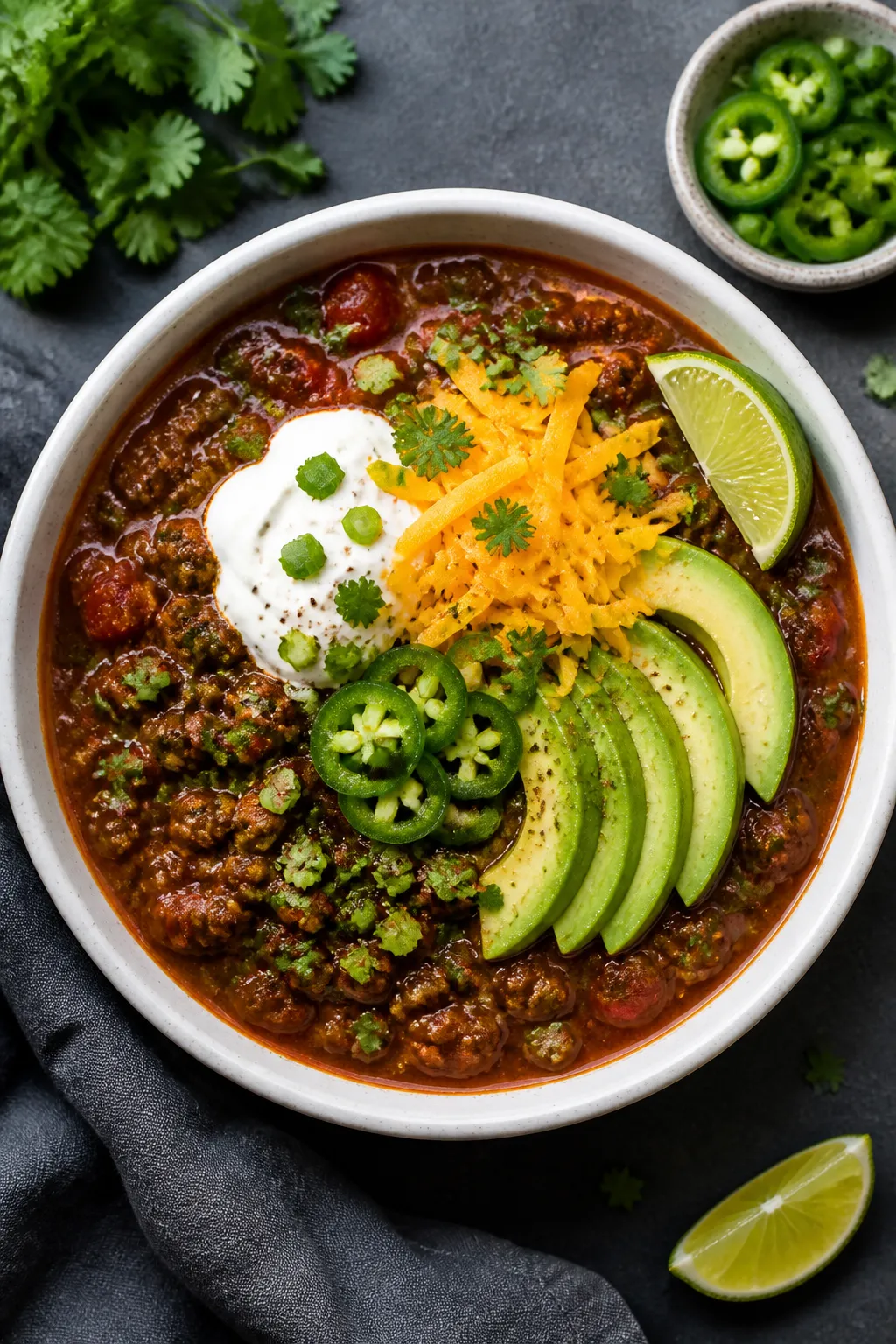 Tasty top view: Overhead shot of a bowl of finished keto chili, vividly thick and chunky with beef a