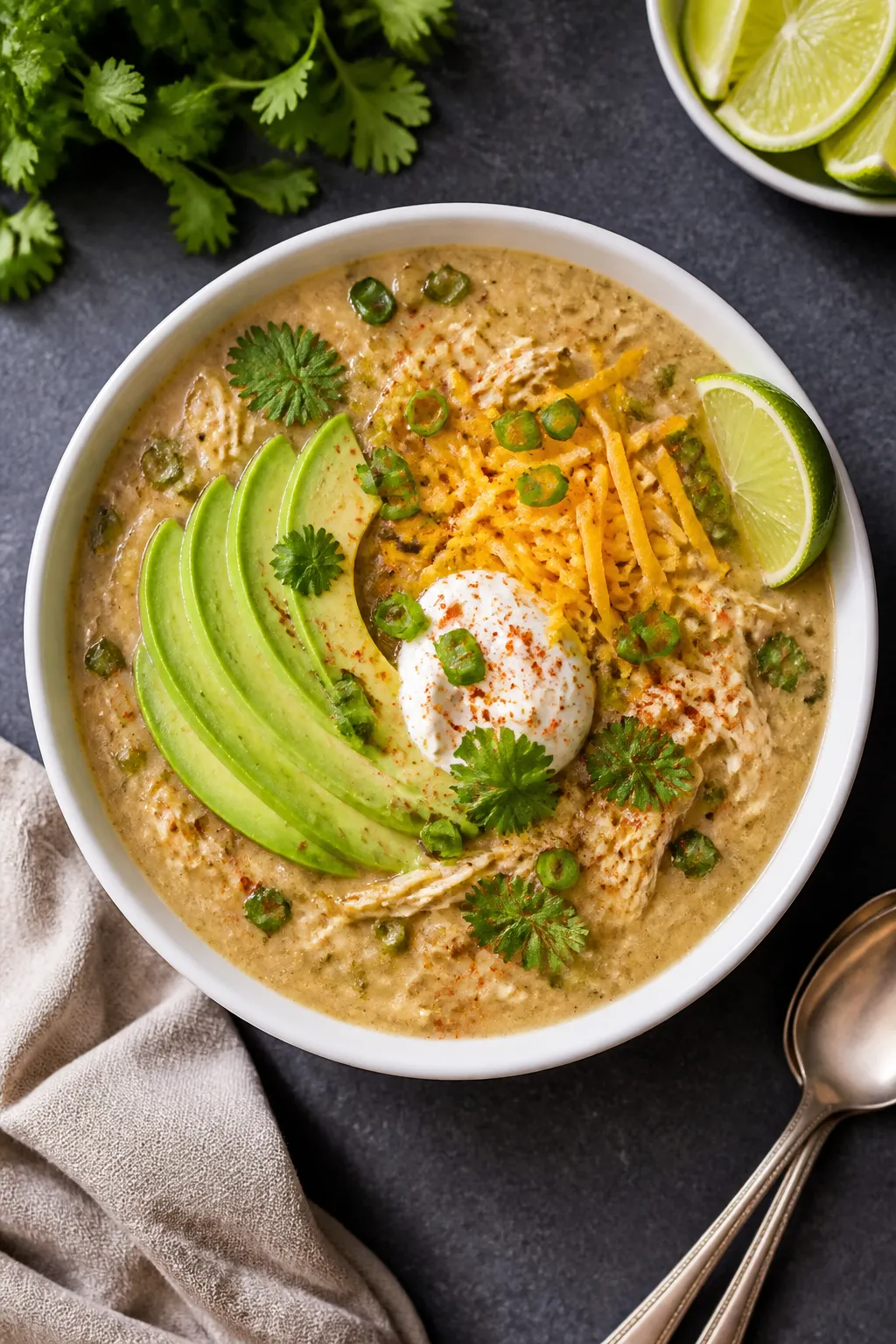 Tasty top view: Overhead shot of a bowl of Keto Green Chile Chicken Chili with a rich, creamy textur