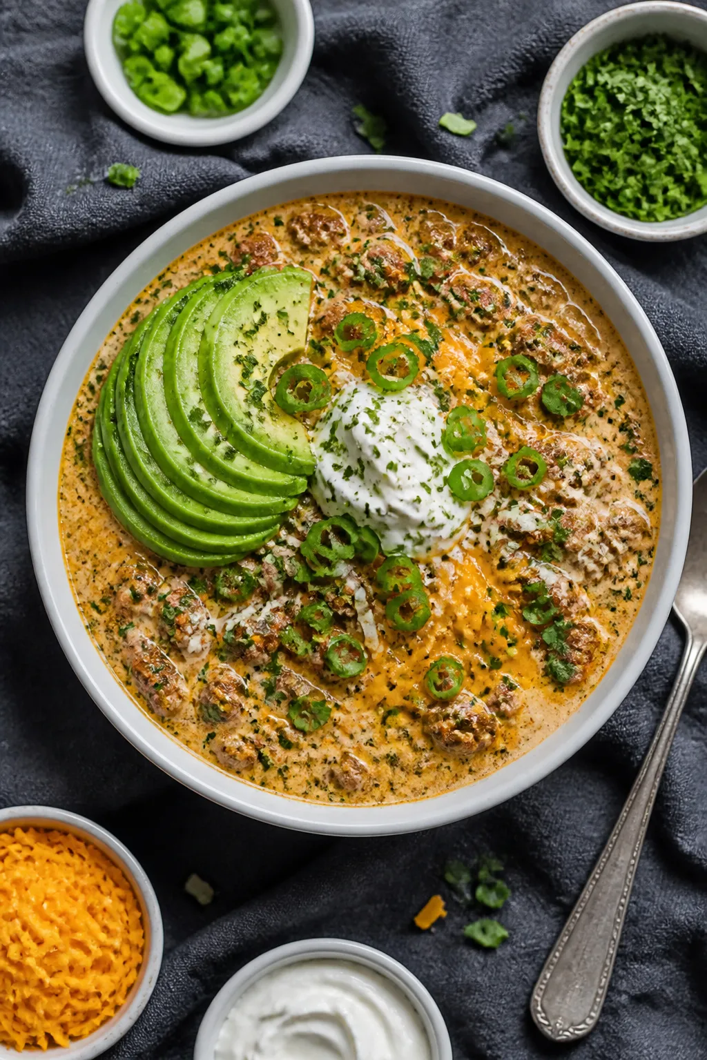 Tasty top view: Overhead shot of a bowl of Keto Ranch Chili finished with toppings—melted shredded