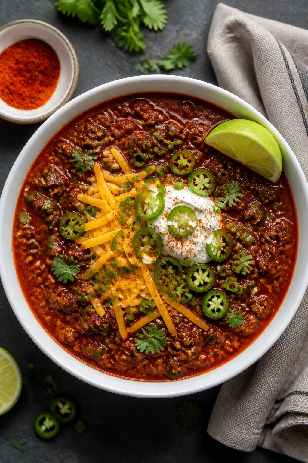 Tasty top view: Overhead shot of a bowl of Spicy Keto Jalapeño Chili, richly thick and garnet-red, 