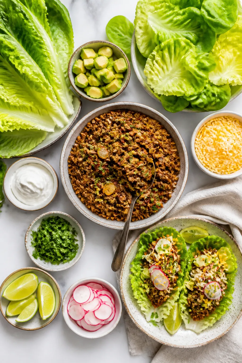Tasty top view: Overhead shot of a build-your-own spread of Keto Turkey Taco Lettuce Wraps in assemb