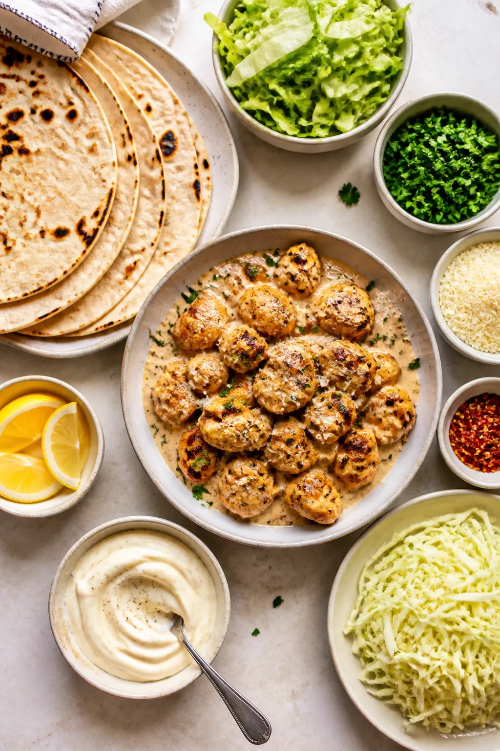 Tasty top view: Overhead shot of a build-your-own taco spread showing warmed low-carb tortillas, a s