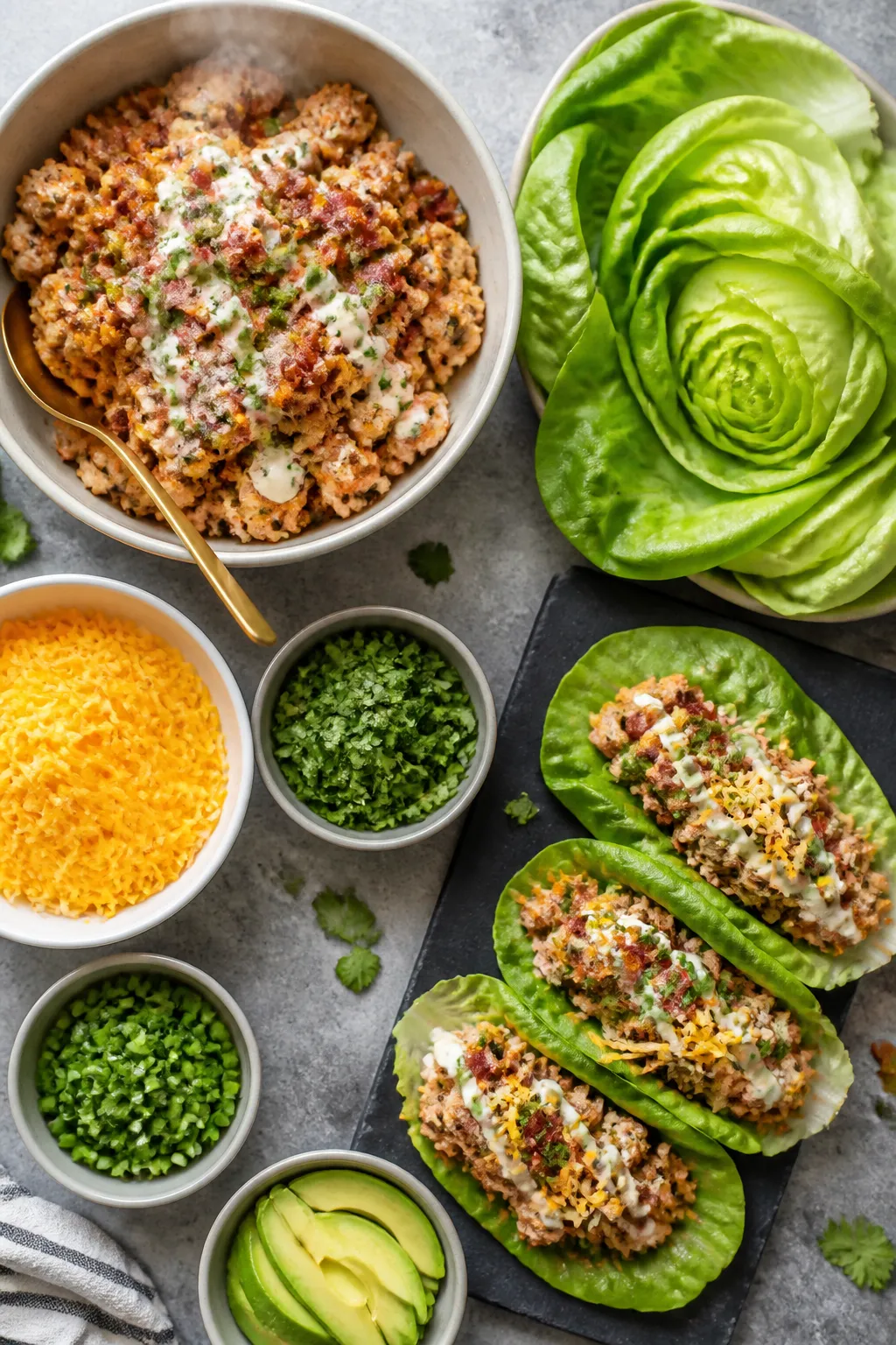 Tasty top view: Overhead shot of a build-your-own spread featuring a shallow bowl of hot chicken-bac