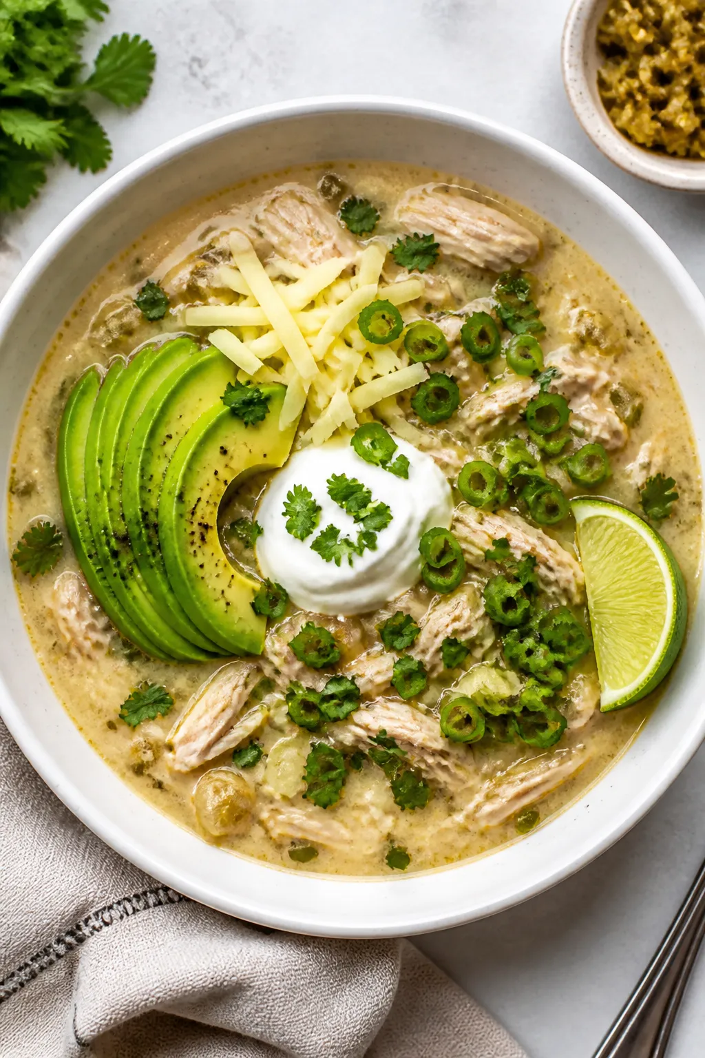 Tasty top view: Overhead shot of a finished bowl of keto white chicken chili, garnished with shredde