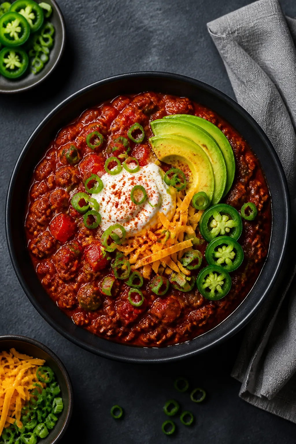Tasty top view: Overhead shot of a hearty bowl of Keto Chili With Sausage, richly thick and bean-fre