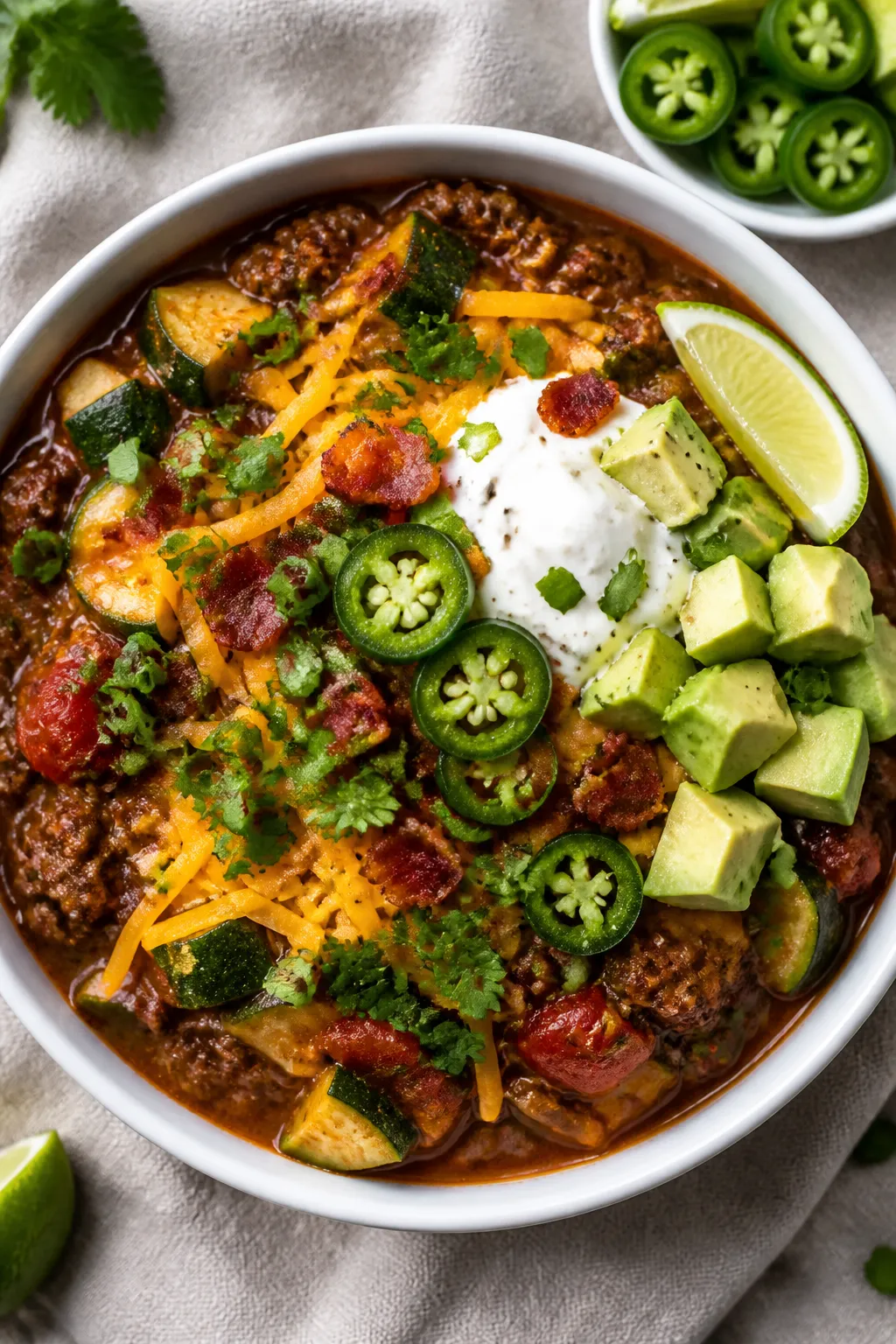Tasty top view: Overhead shot of a Keto Loaded Chili Bowl served in a wide white bowl, densely loade