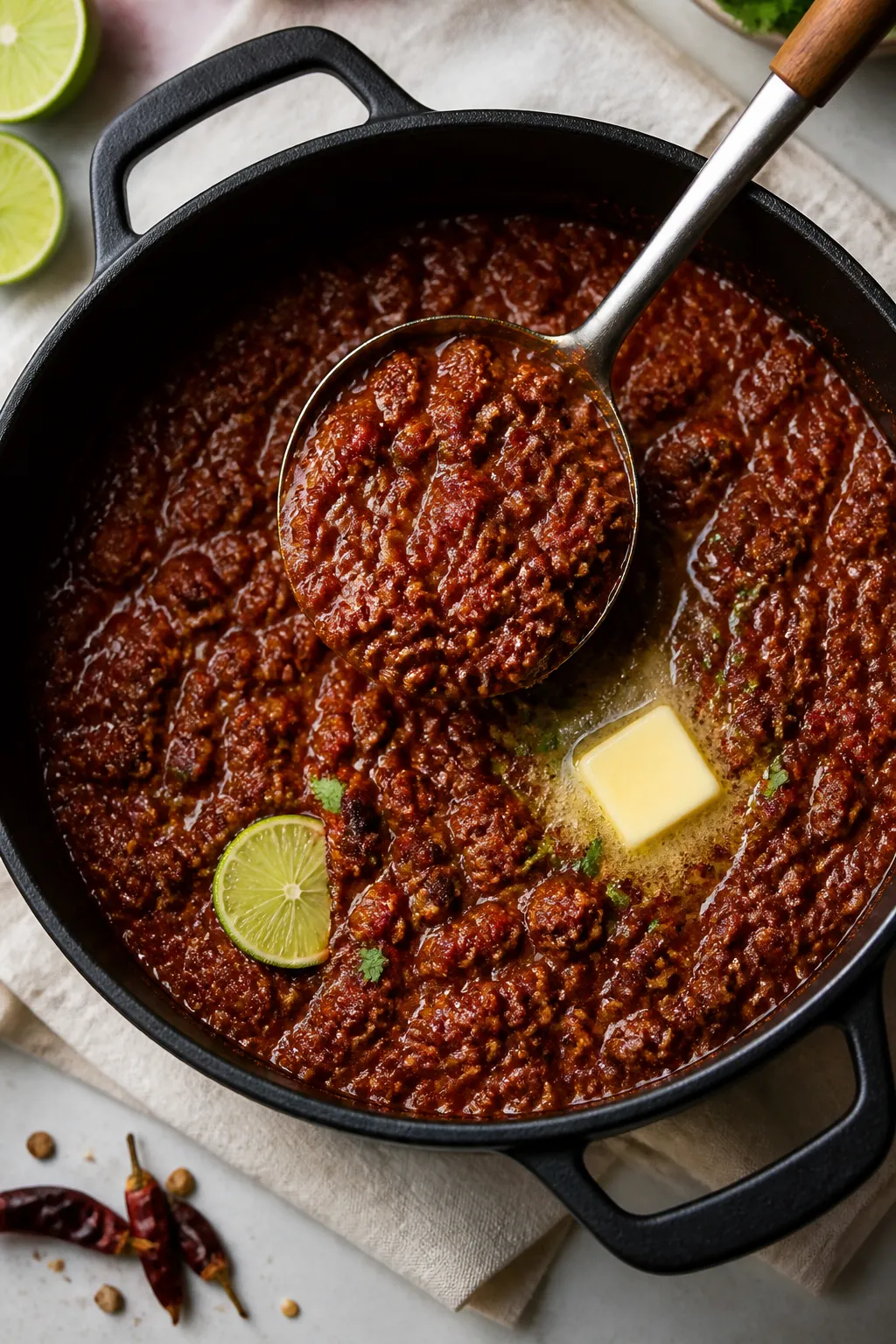 Tasty top view: Overhead shot of a ladle hovering over the pot mid-cook, scooping a dense, brick-red