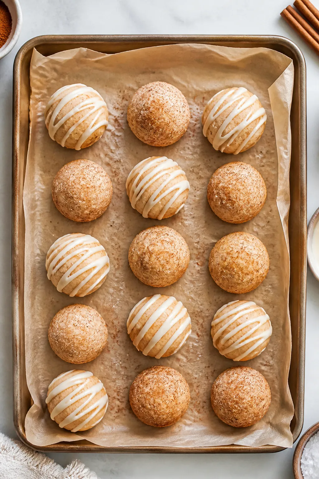 Tasty top view: Overhead shot of a parchment-lined tray filled with uniformly sized keto cinnamon ro