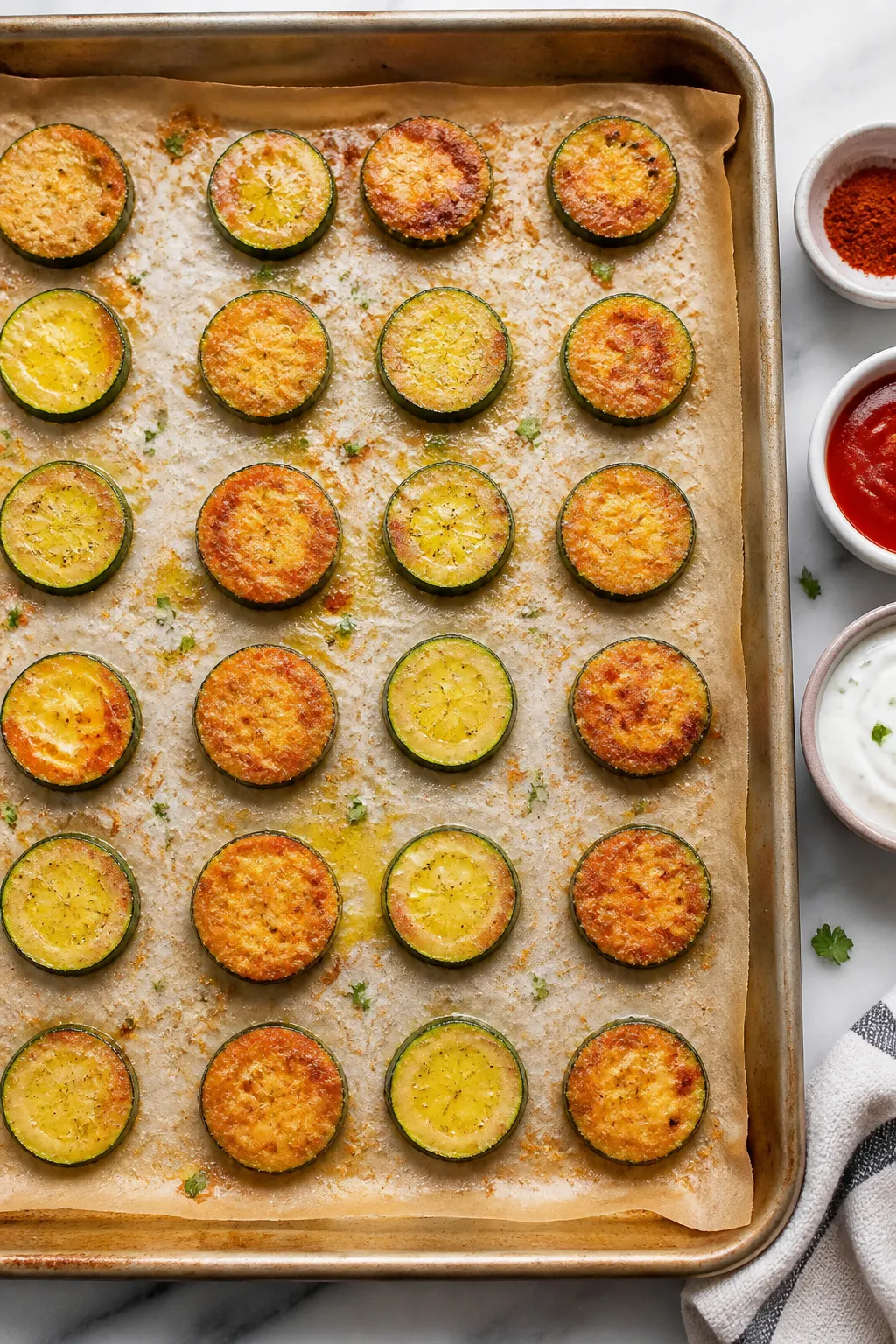 Tasty top view: Overhead shot of a parchment-lined baking sheet filled with evenly spaced, baked zuc