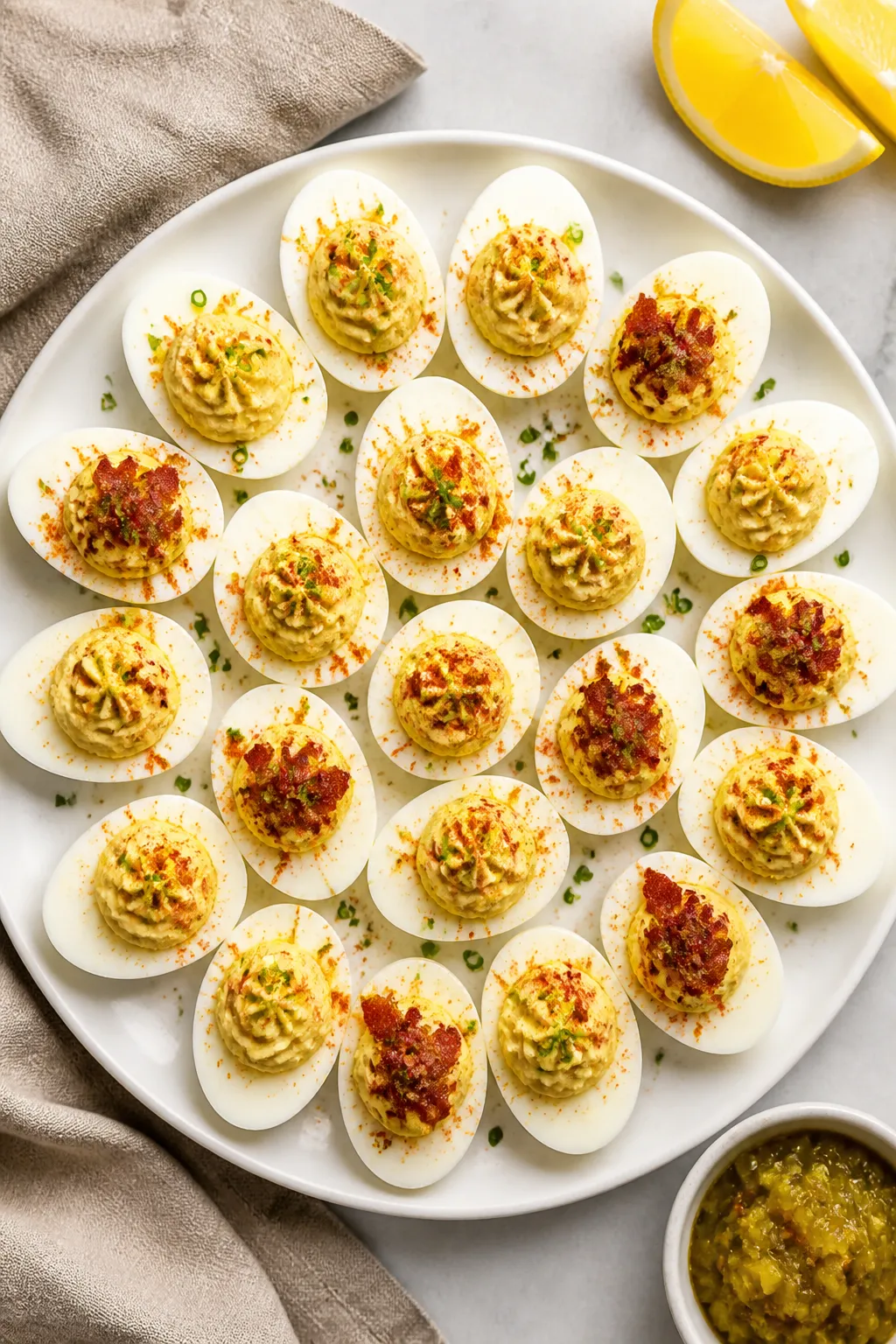 Tasty top view: Overhead shot of a party platter of finished high-protein keto deviled eggs arranged