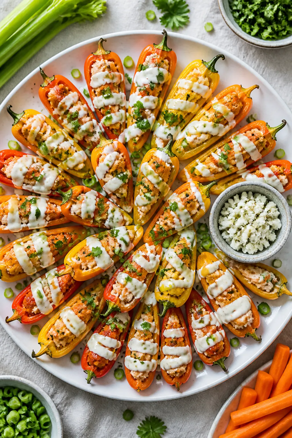 Tasty top view: Overhead shot of a party platter of Buffalo Chicken Stuffed Mini Peppers arranged in