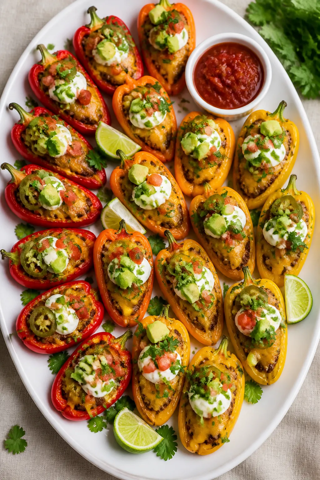 Tasty top view: Overhead shot of a party-ready platter of Loaded Taco Stuffed Mini Peppers arranged