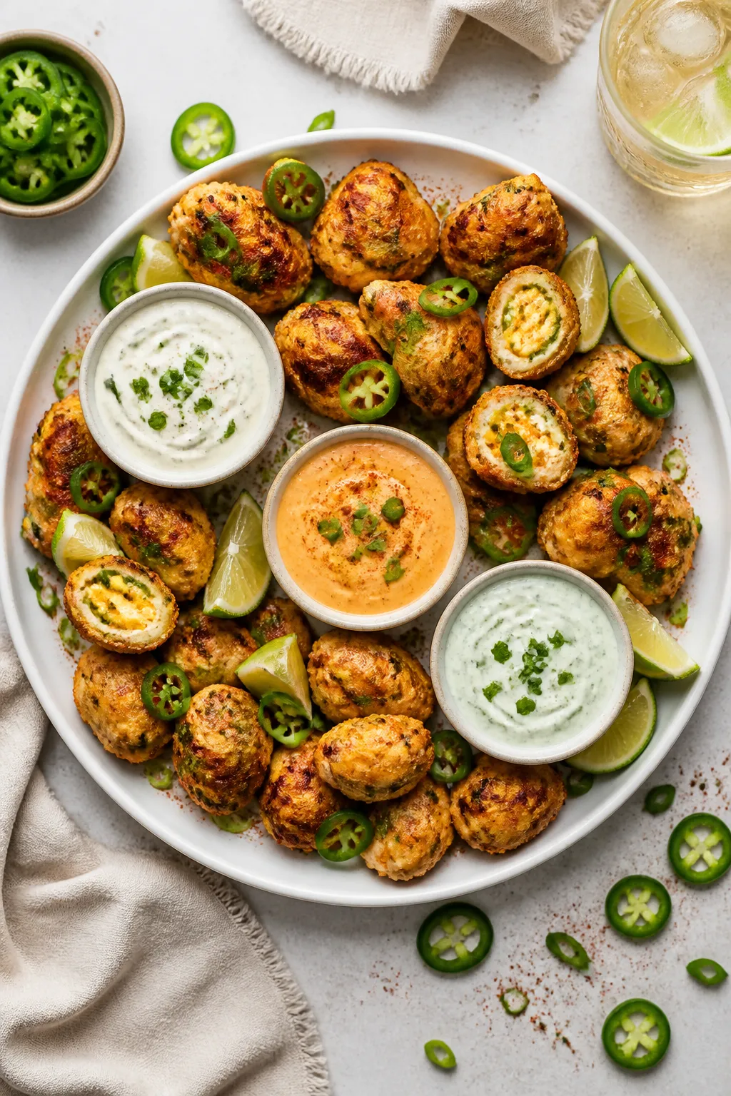 Tasty top view: Overhead shot of a party-ready platter of Jalapeño Popper Chicken Bites arranged in