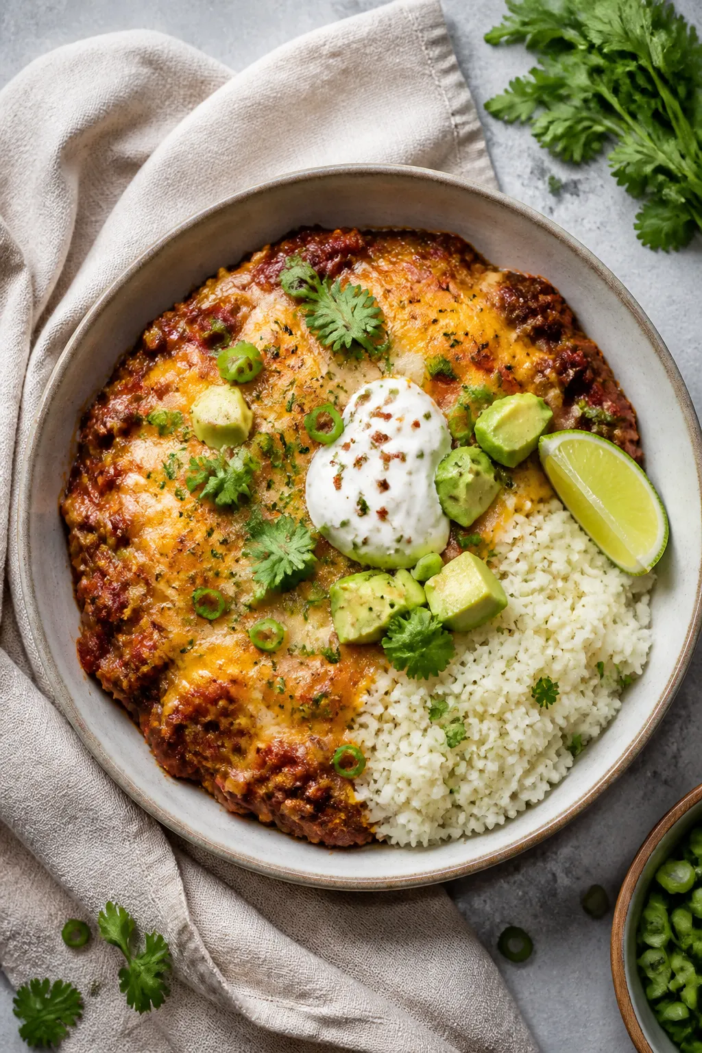 Tasty top view: Overhead shot of a plated serving of Cheesy Keto Chili Bake in a shallow bowl, toppe