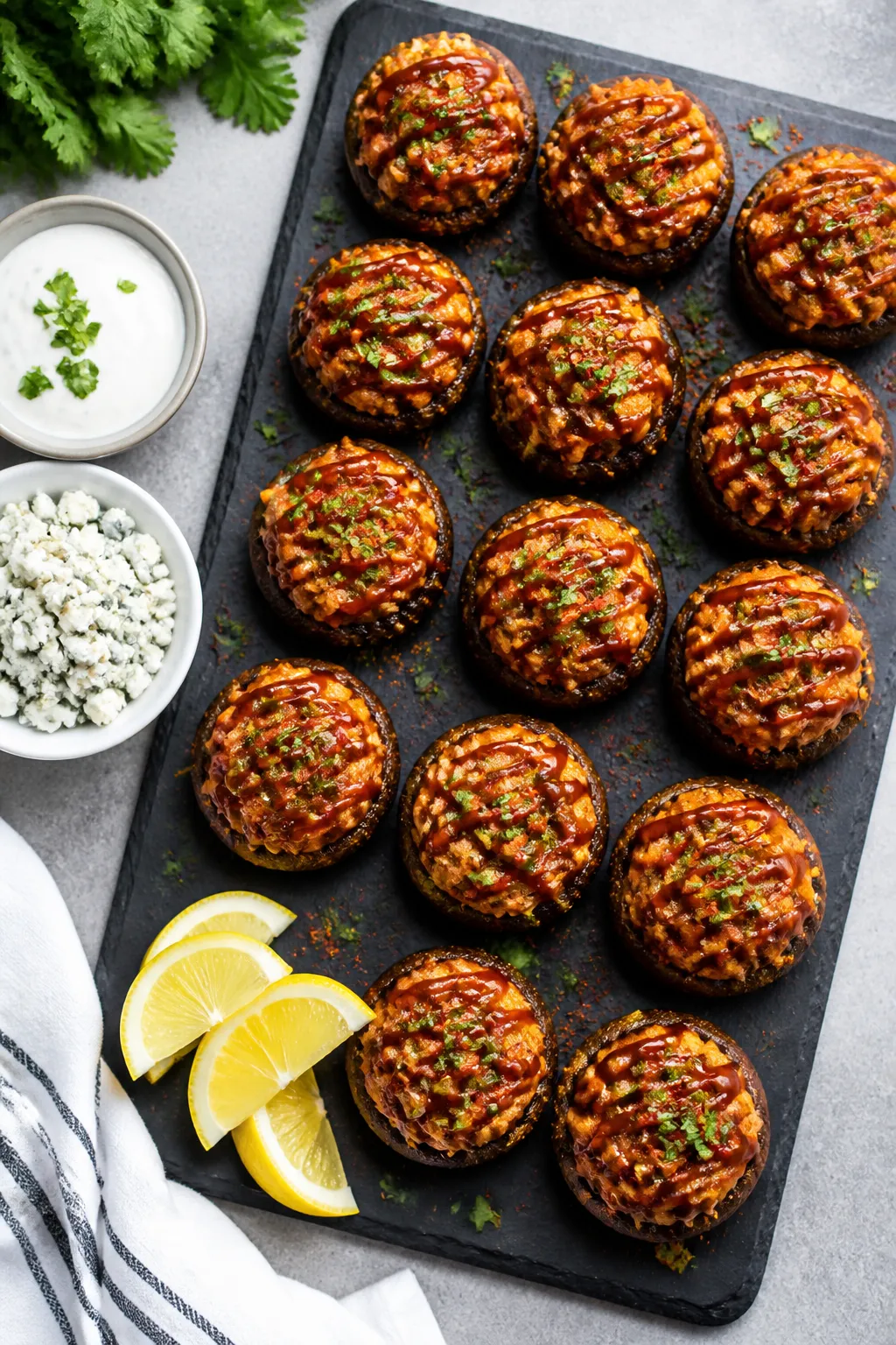Tasty top view: Overhead shot of a platter of BBQ Chicken Stuffed Mushrooms arranged in tight rows o