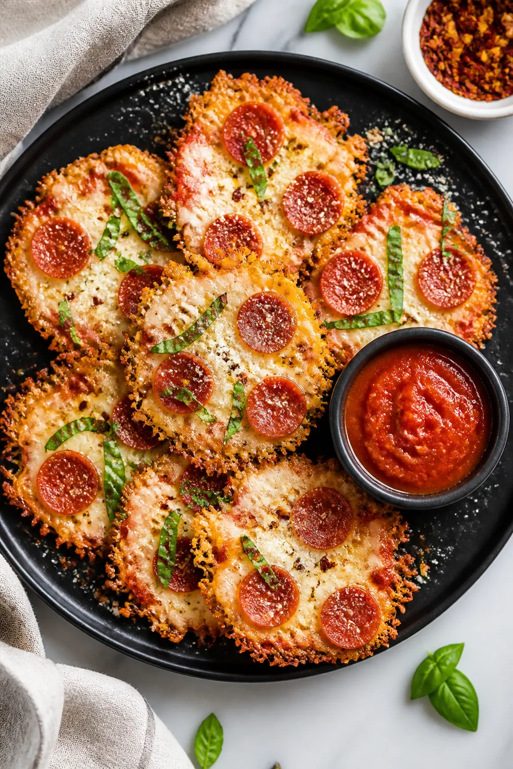 Tasty top view: Overhead shot of a platter of Pepperoni Pizza Cheese Chips arranged in a casual fan 