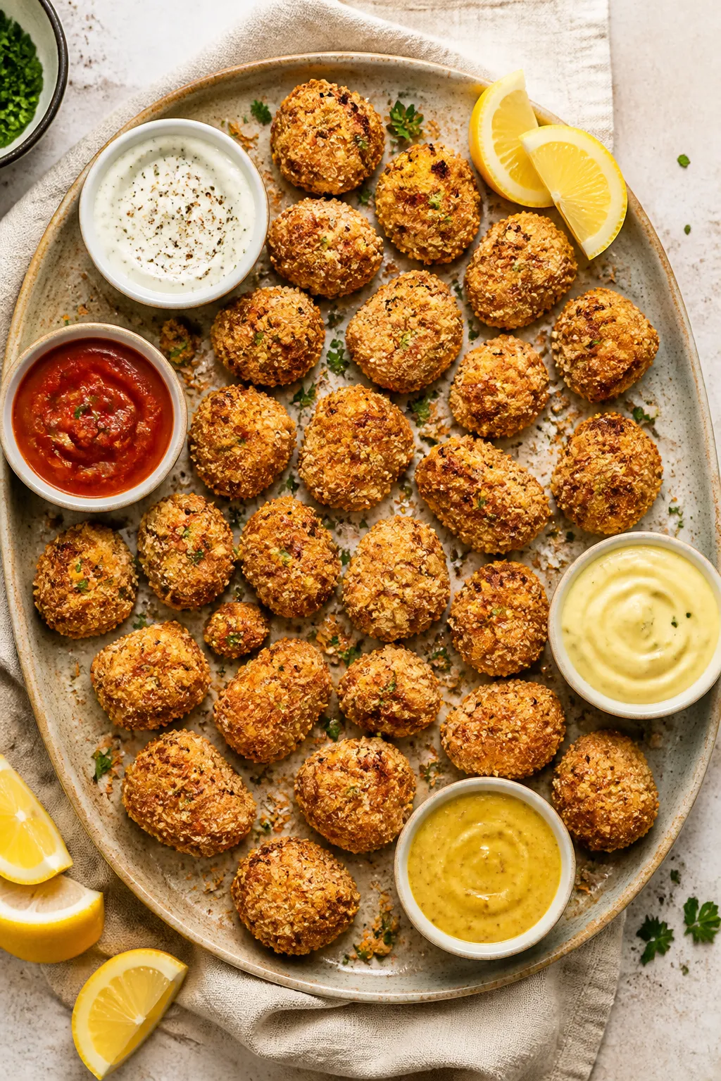 Tasty top view: Overhead shot of a serving platter piled with Air Fryer Parmesan Chicken Bites, arra