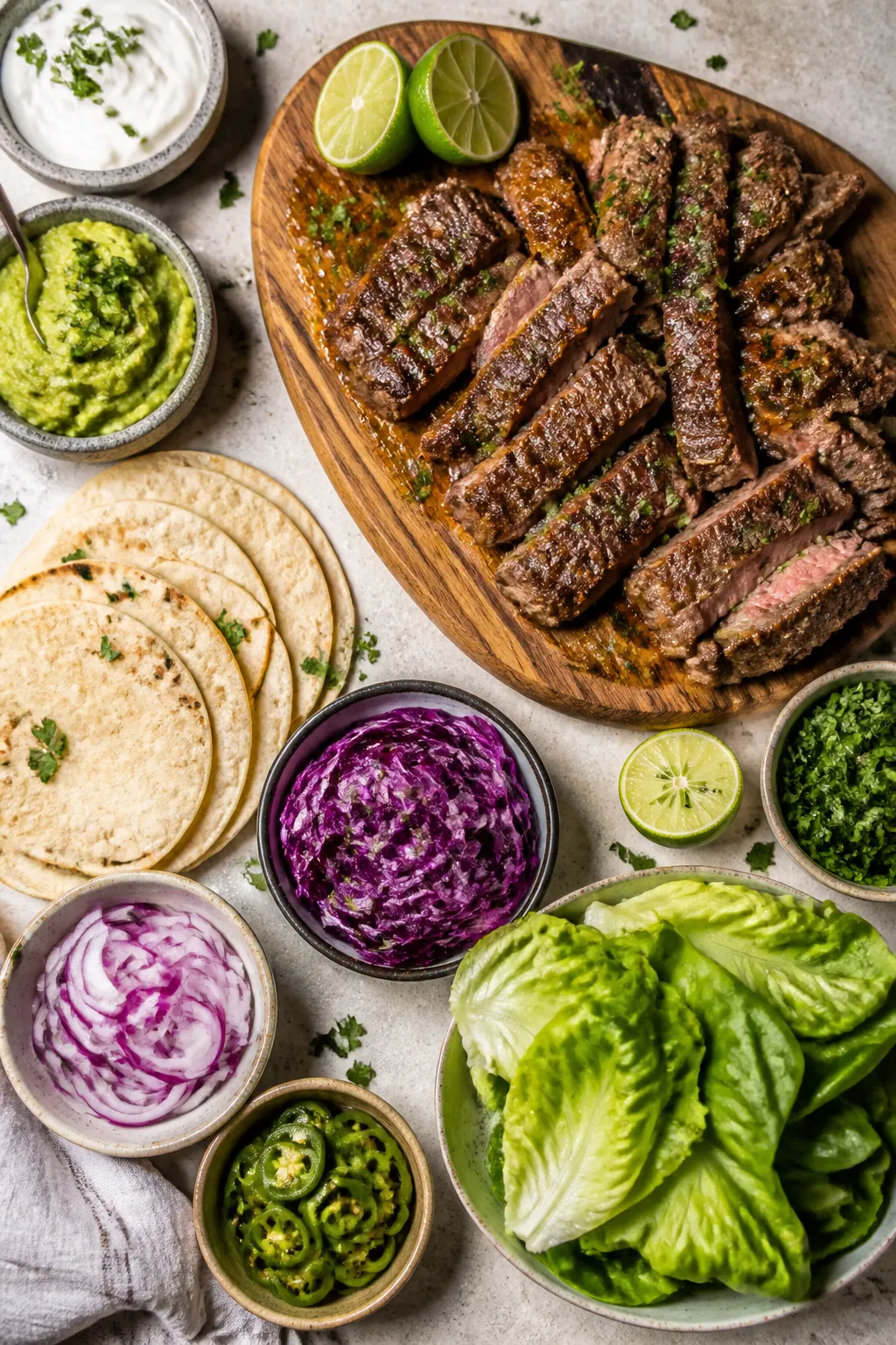 Tasty top view: Overhead shot of a taco-night spread featuring a platter of garlic butter steak (jui