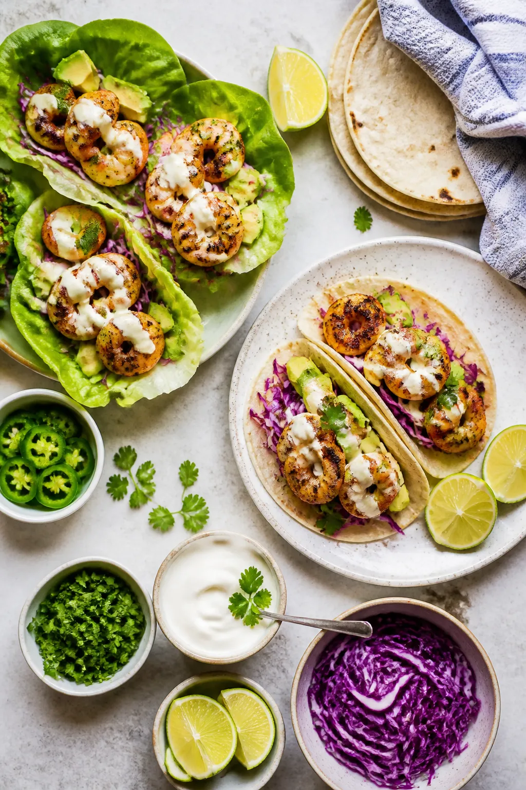 Tasty top view: Overhead shot of a taco spread with both lettuce-wrap and low-carb tortilla options,
