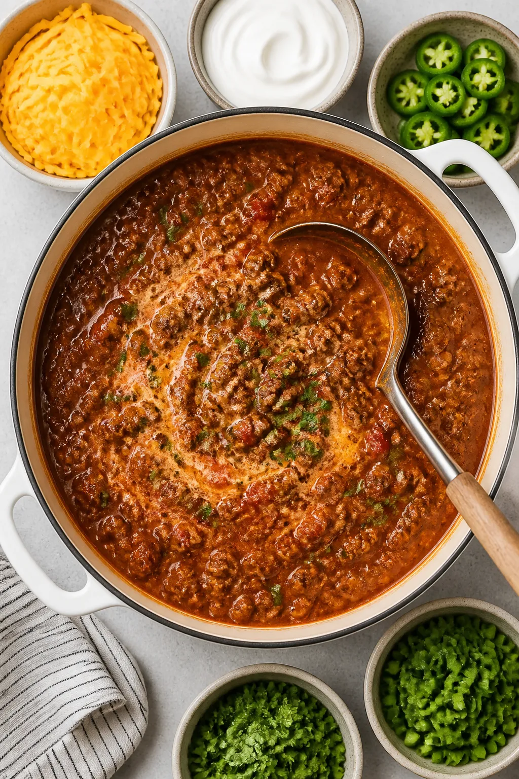 Tasty top view: Overhead shot of a weeknight spread featuring the finished keto beef chili served fa