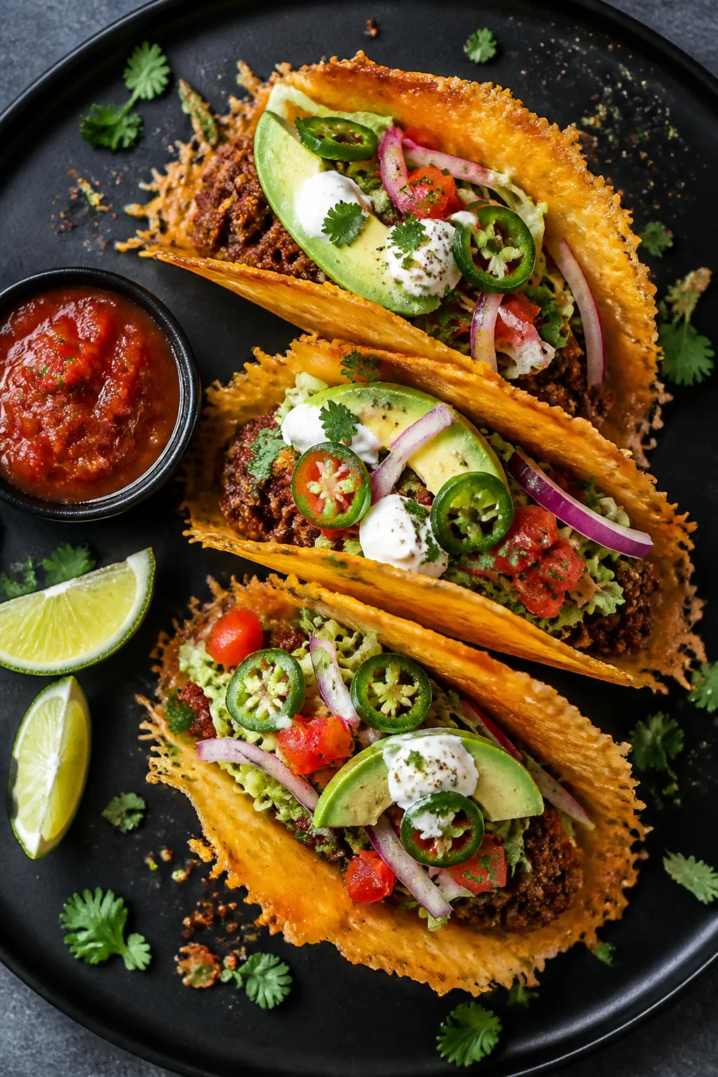 Tasty top view: Overhead shot of assembled crispy cheese shell keto tacos on a matte black platter;