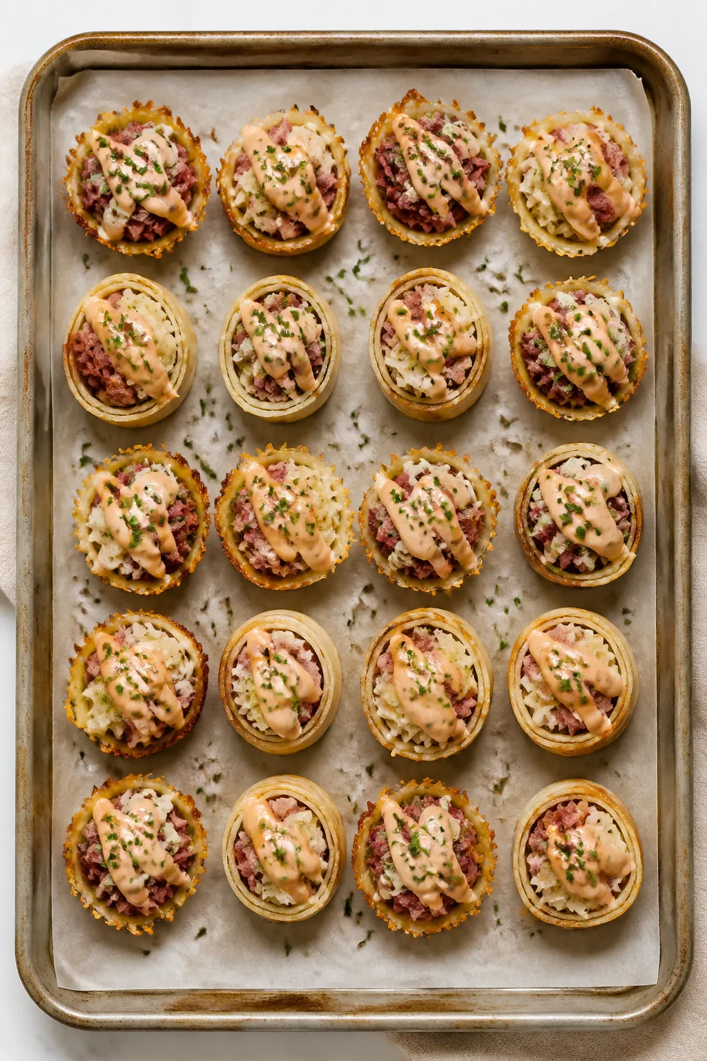 Tasty top view: Overhead shot of assembled High Protein Keto Reuben Bites arranged in neat rows on a