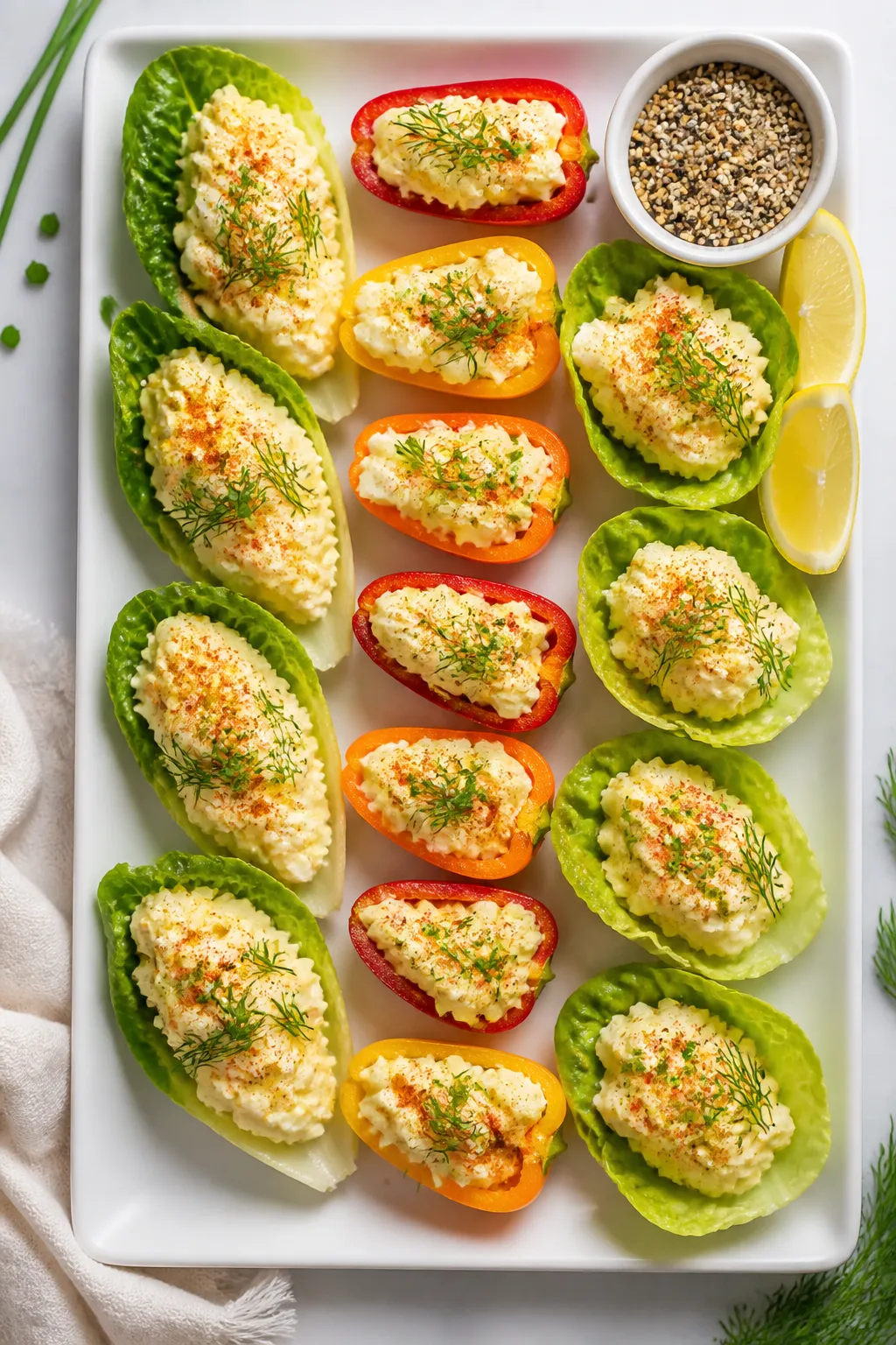 Tasty top view: Overhead shot of assembled High Protein Keto Egg Salad Cups arranged on a matte whit