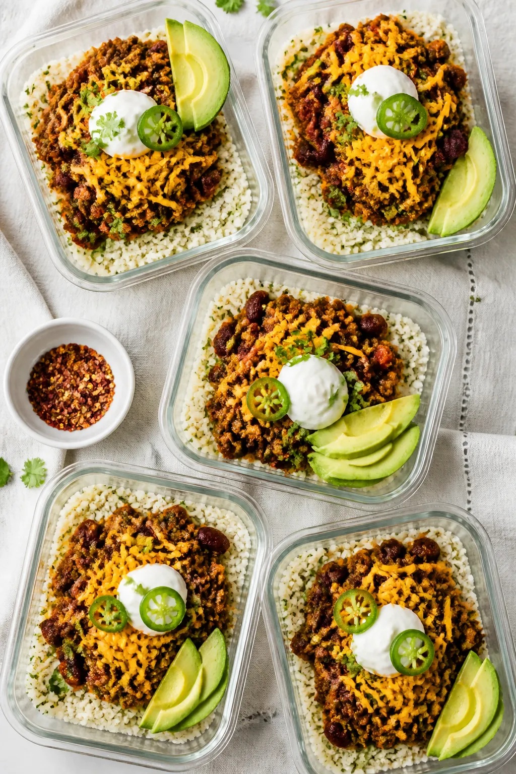 Tasty top view: Overhead shot of assembled Keto Chili Meal Prep Bowls—neatly portioned cauliflower