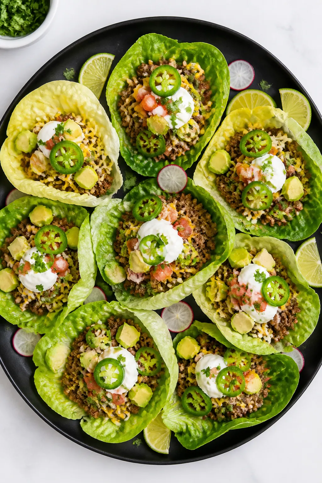 Tasty top view: Overhead shot of assembled keto taco lettuce wraps on a large matte-black platter—