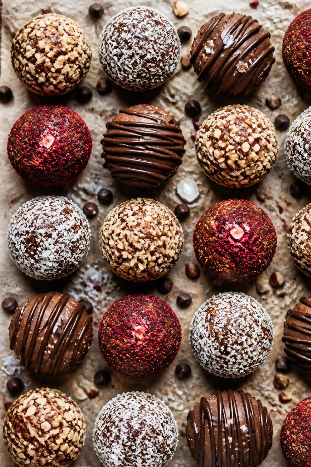 Tasty top view: Overhead shot of assorted finished fat bomb bites arranged in a neat grid on parchme