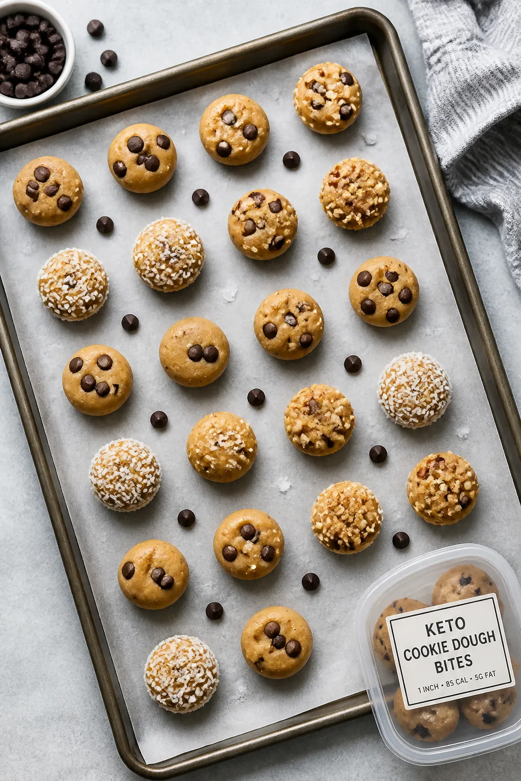 Tasty top view: Overhead shot of finished keto cookie dough bites—neat 1-inch rounds—arranged in