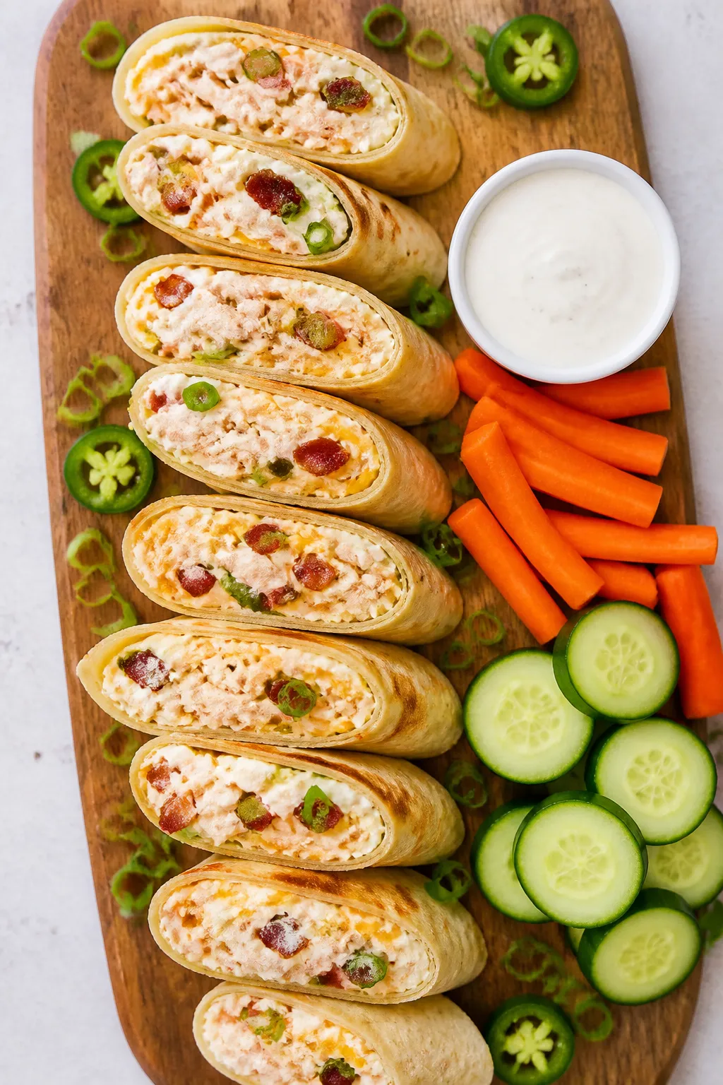 Tasty top view: Overhead shot of High Protein Crack Chicken Roll Ups arranged on a wooden board, eac