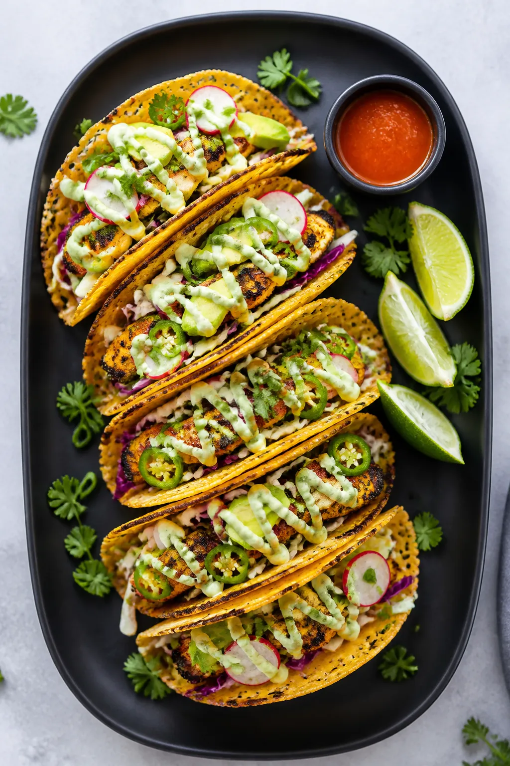 Tasty top view: Overhead shot of keto blackened salmon tacos in golden cheese shells on a matte blac