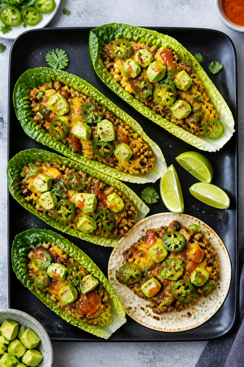 Tasty top view, plated tacos: Overhead shot of assembled Keto Taco Casserole Tacos in crisp romaine