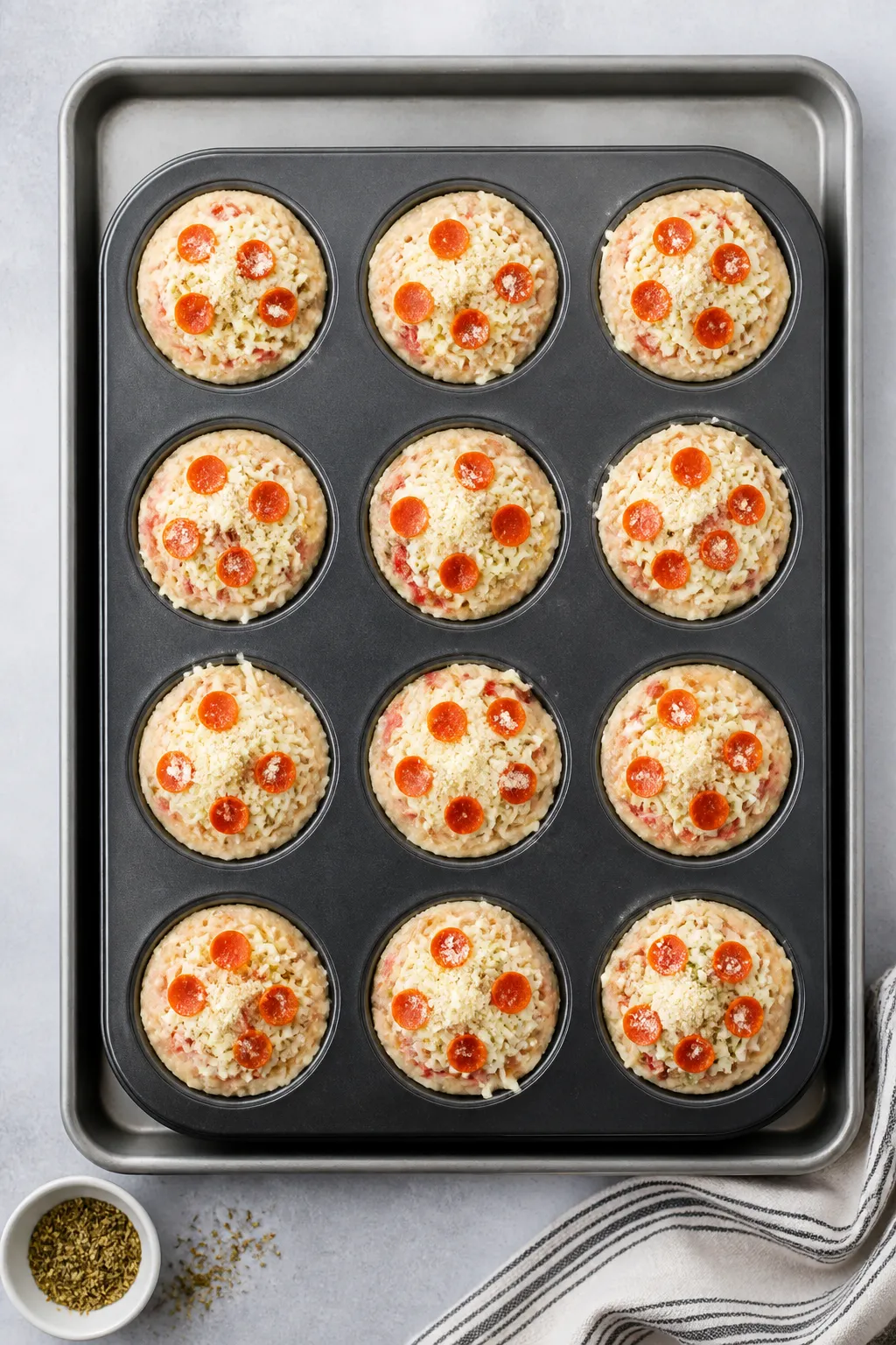 Tasty top-view process shot: Overhead shot of a 12-cup muffin tin filled three-quarters with the mix