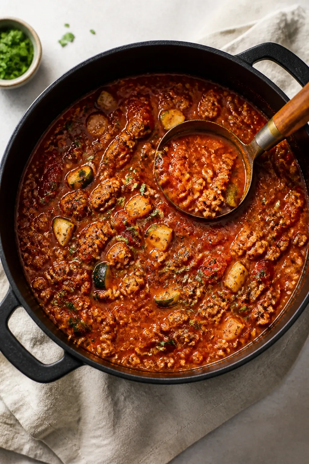 Tasty top view — Simmering keto turkey chili: Overhead shot of the chili mid-simmer, thick and hea